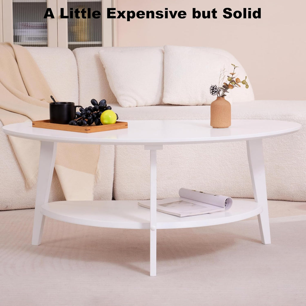 NAVREX Mid Century Modern Coffee Table, Oval Coffee Tables with Storage for Living Room, 2 Tier Solid Wood Center Table, White Coffe Tables, Easy Assembly, Value Lies in Material 40.2' D x 22' W