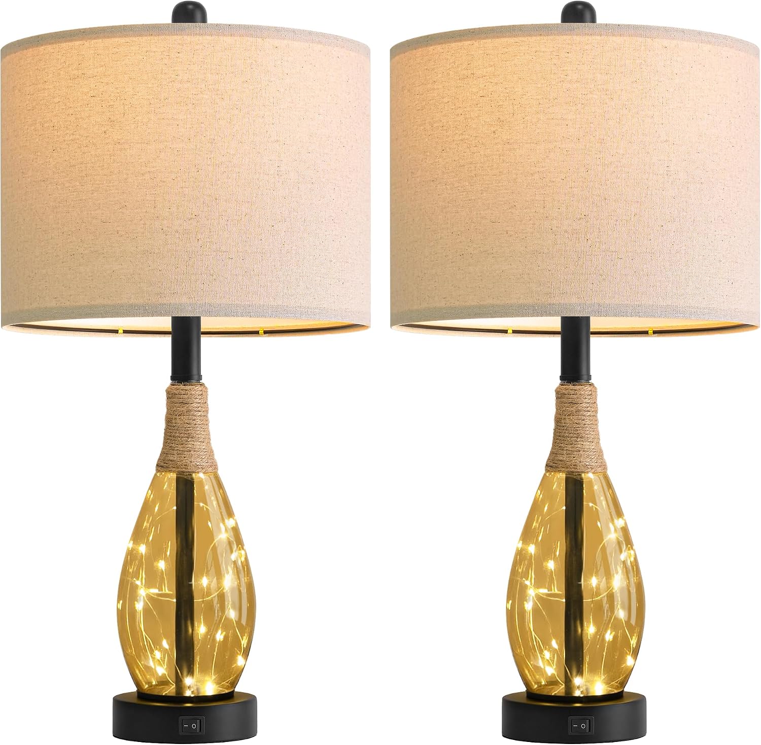 OYEARS 23' Table Lamps for Living Room Set of 2 Bedside Lamps for Night Stands Bedroom Lamps Farmhouse Rattan Boho Lamp Glass Nightlight End Table Lamp,Two Light Points