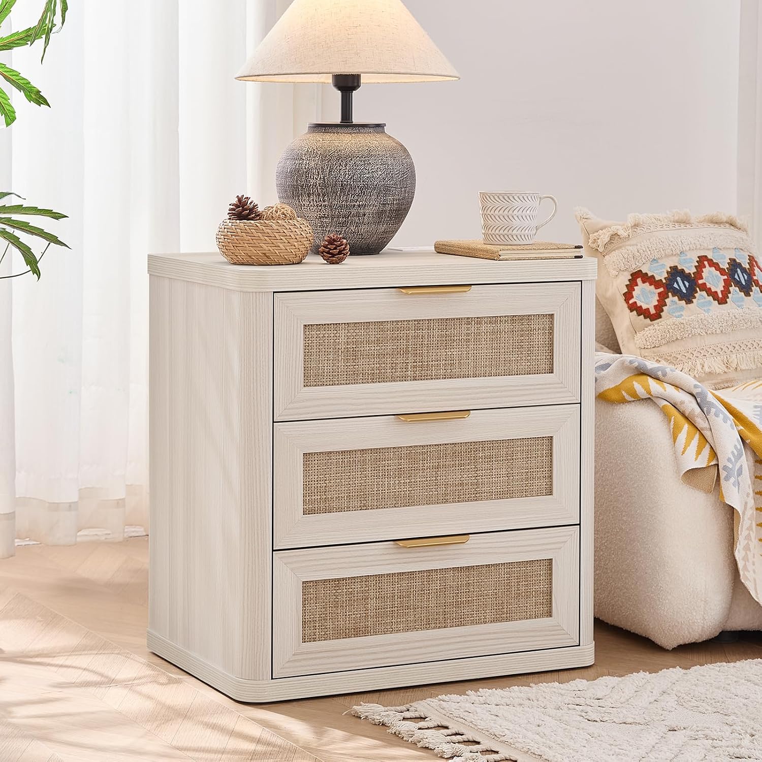 LEYAOYAO Rattan Night Stand Set of 2 with Charger Station, 23' Large 3 Drawer Boho Nightstand, Grey White Bedside Table Storage Cabinet, Bed Side End Tables for Bedroom, Living Room, Hallway