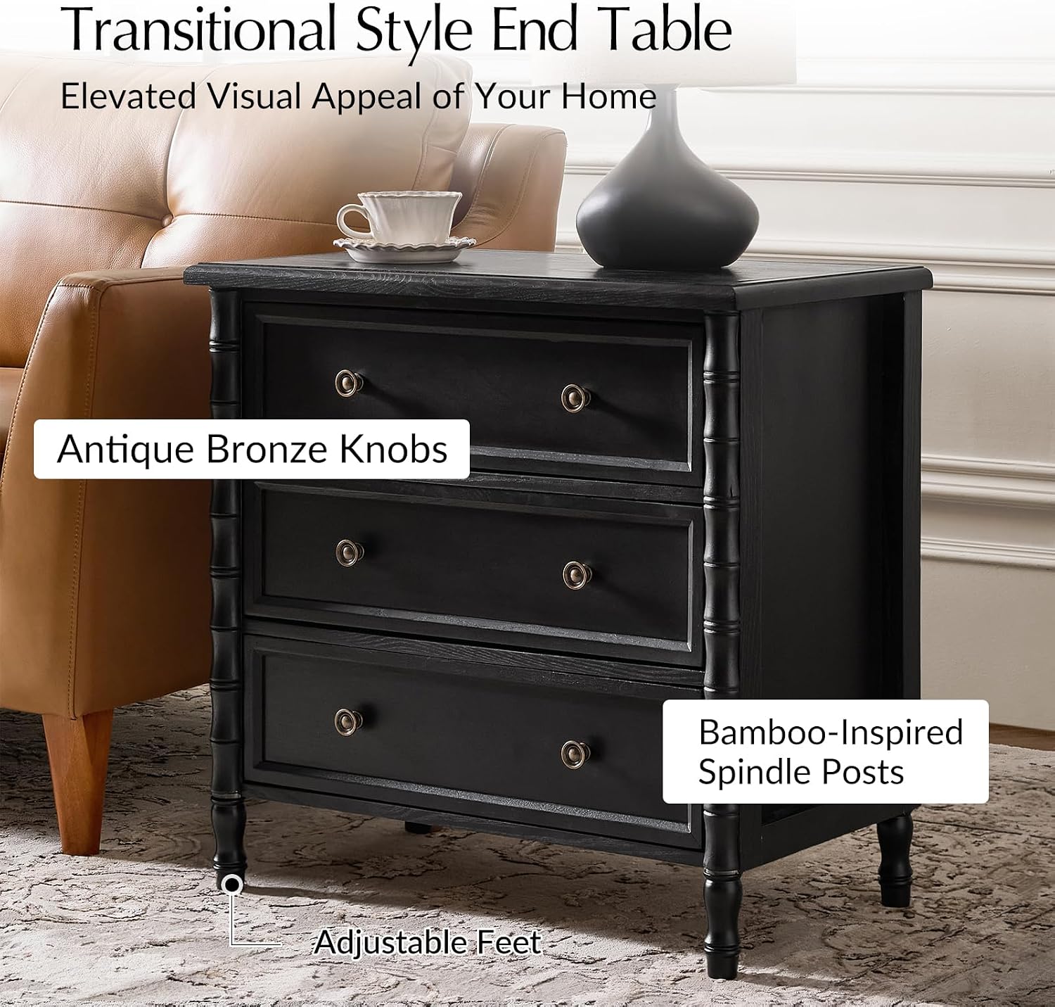 HULALA HOME Solid Wood End Table with Bamboo-Inspired Frame, 28' Wide Endtable with Charging Station, 3 Drawer Side Table for Living Room, Black