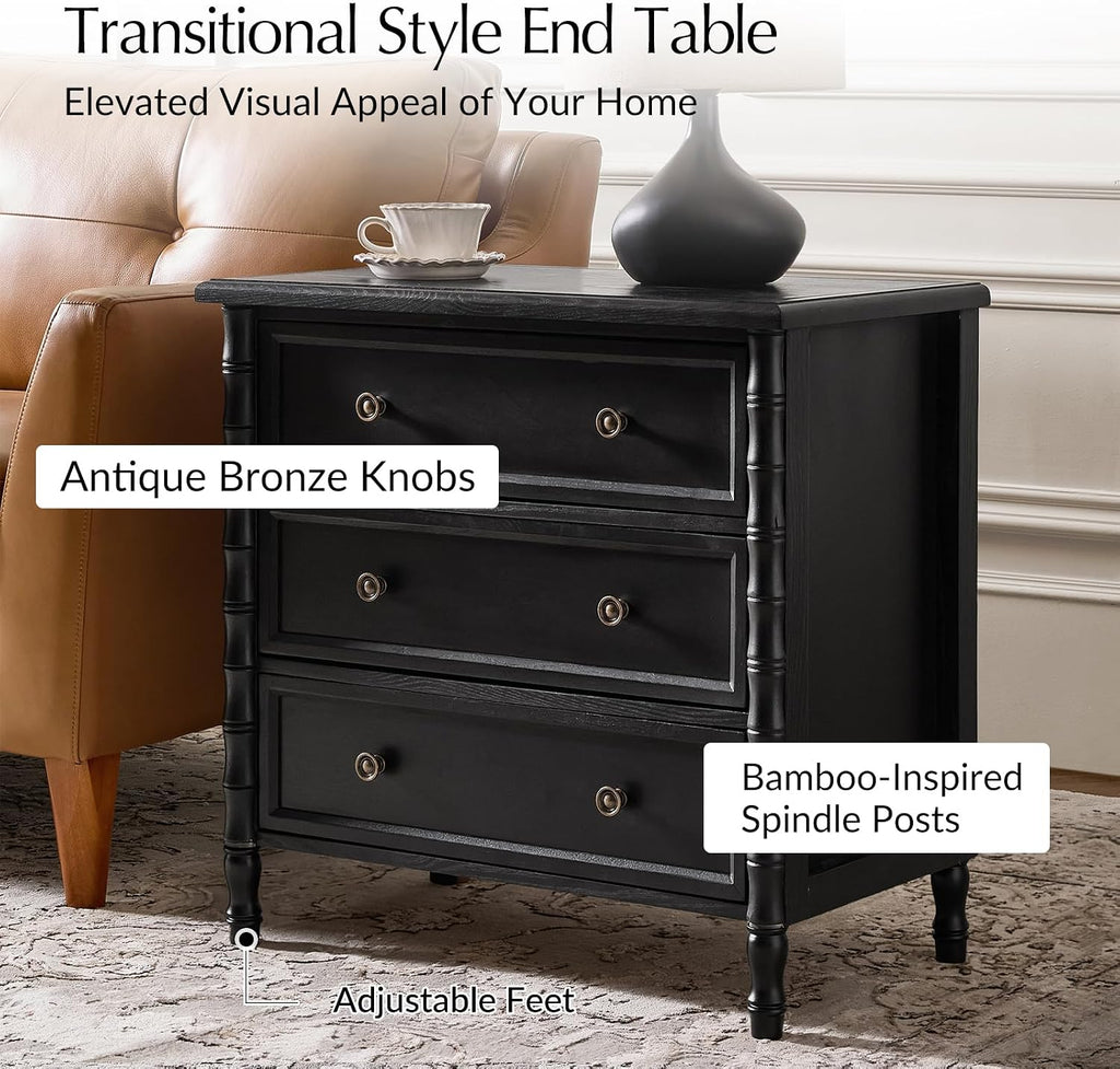 HULALA HOME Solid Wood End Tables Set of 2 with Bamboo-Inspired Frame, 28' Wide Endtables with Charging Station, 3 Drawer Side Tables for Living Room, Black