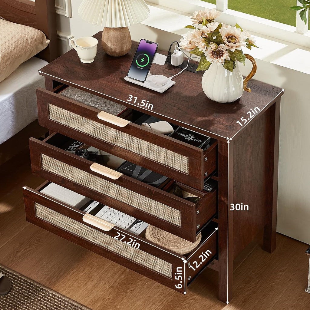 LEYAOYAO 31.5' Wide Rattan Nightstands Set of 2 with Charger Station, Large Boho 3 Drawer Night Stand, Retro Walnut Bedside Table with Storage, Bed Side End Tables for Bedroom, Living Room, Hallway