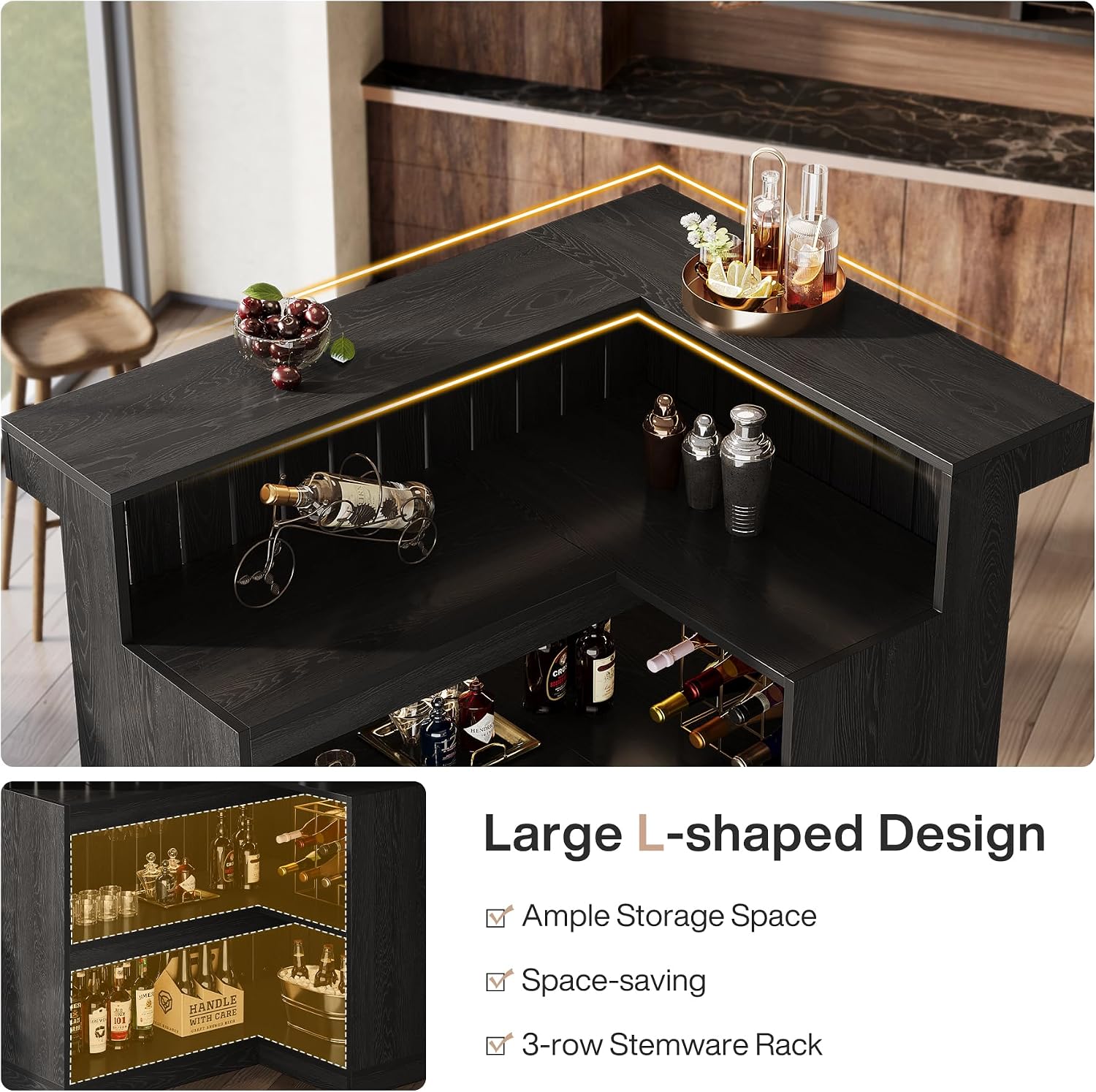 Tribesigns L-Shaped Home Bar Unit, 4-Tier Corner Liquor Bar Table with Storage Shelves and Wine Glasses Holder, Industrial Wine Cabinet Reception Desk for Home Pub (1, Black)