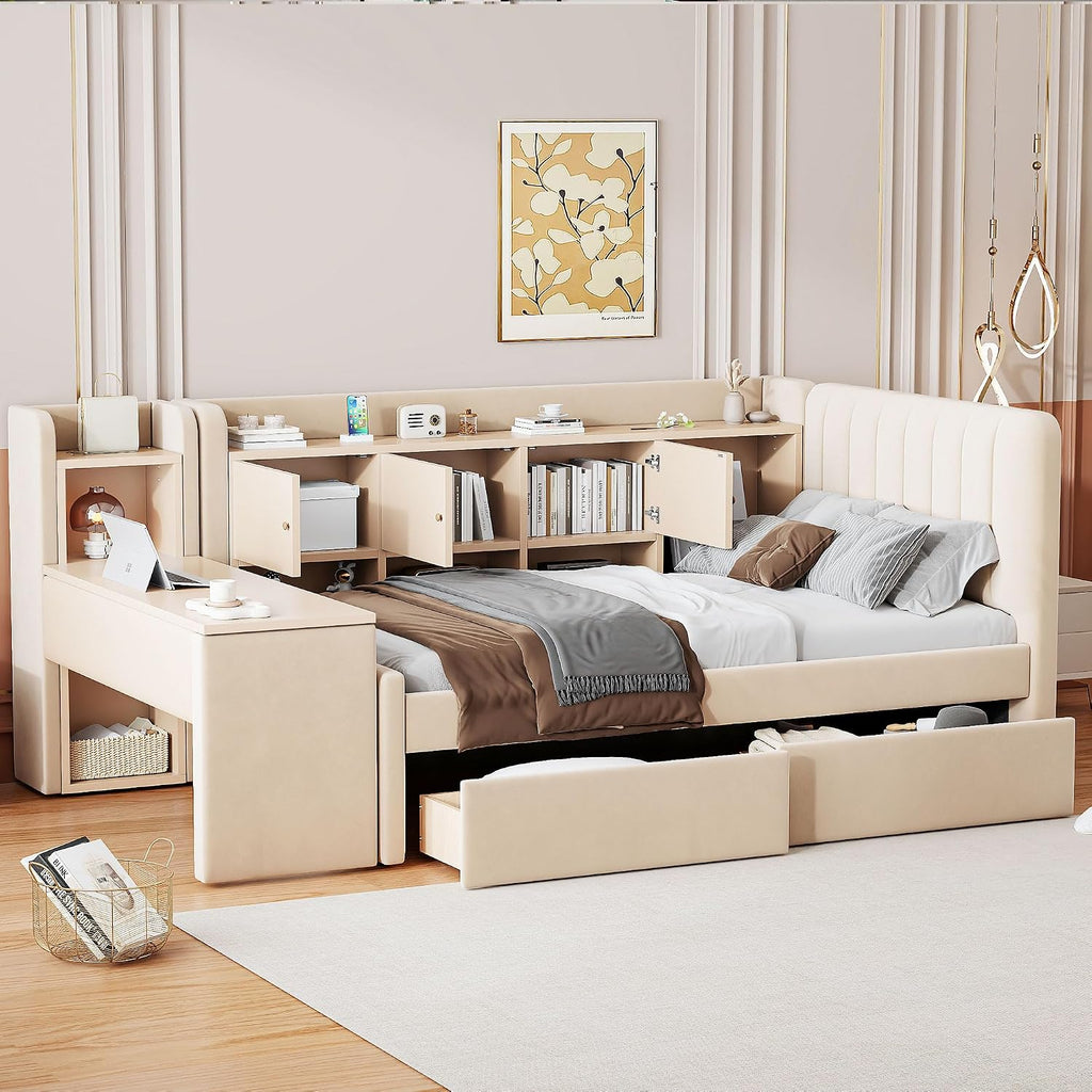 Bellemave Twin Corner Bed with Storage Shelves and Desk, Upholstered Daybed with Bookcase and Drawers，Daybed with Storage, Beige
