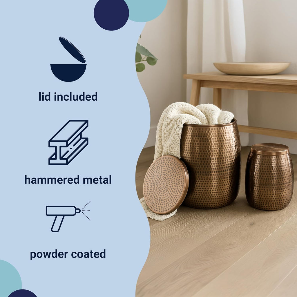 happimess SSL2002C-2SET Merida Modern Rustic 2-Piece Hammered Metal Drum Storage Side Tables with Lids, End Table for Decoration in Living Room, Bedroom, Bathroom, Antique Copper
