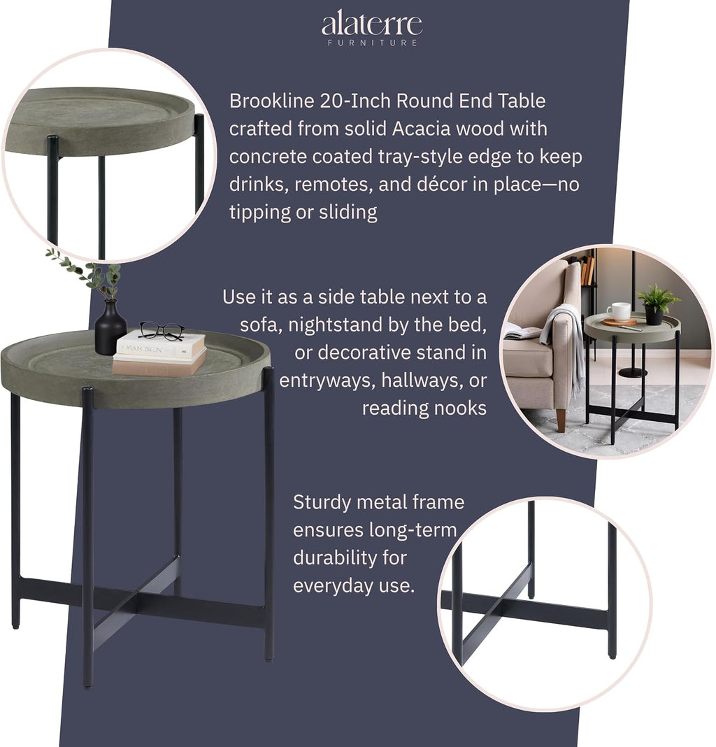 Brookline 20-Inch Round Wood End Table with Concrete Coating and Powder-Coated Iron Legs – Tray Style Top Home Accent for Living Room, Bedroom or Office by Alaterre Furniture (Gray)