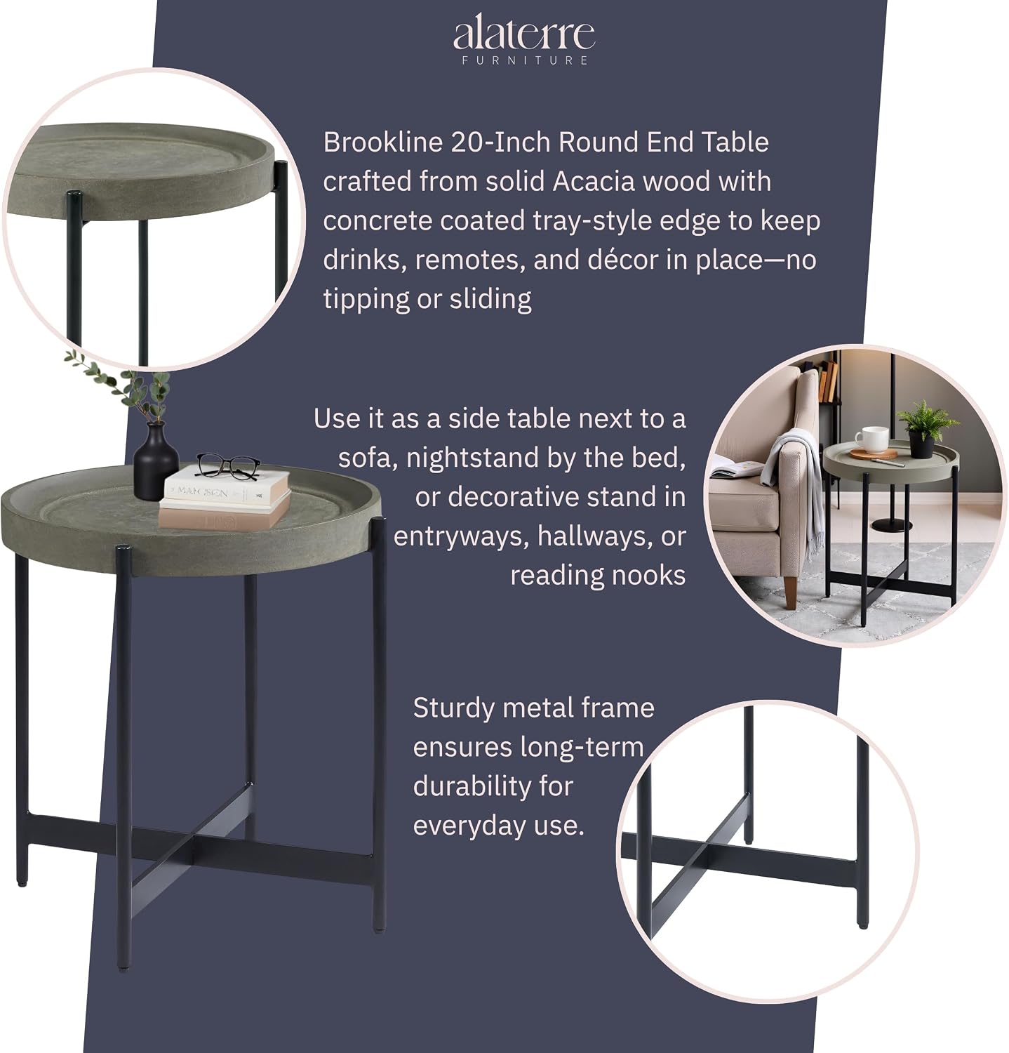 Brookline 20-Inch Round Wood End Table with Concrete Coating and Powder-Coated Iron Legs – Tray Style Top Home Accent for Living Room, Bedroom or Office by Alaterre Furniture (Gray)