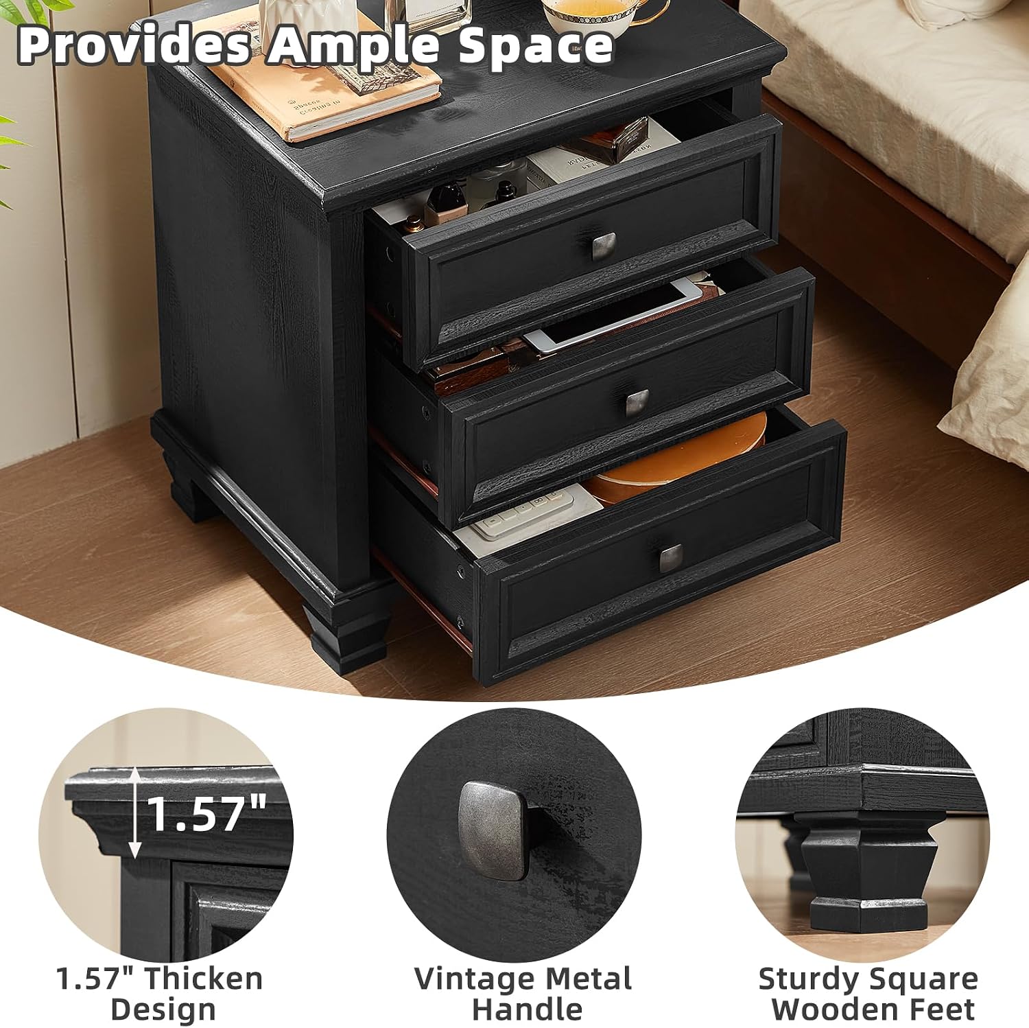 SAVOR LIFE Farmhouse Nightstand Set of 2, Rustic Couch End Table with 3 Drawers & 4 Square Solid Wood Legs, Vintage Bed Side Table with Storage, Small Dresser for Bedroom, Living Room, Black