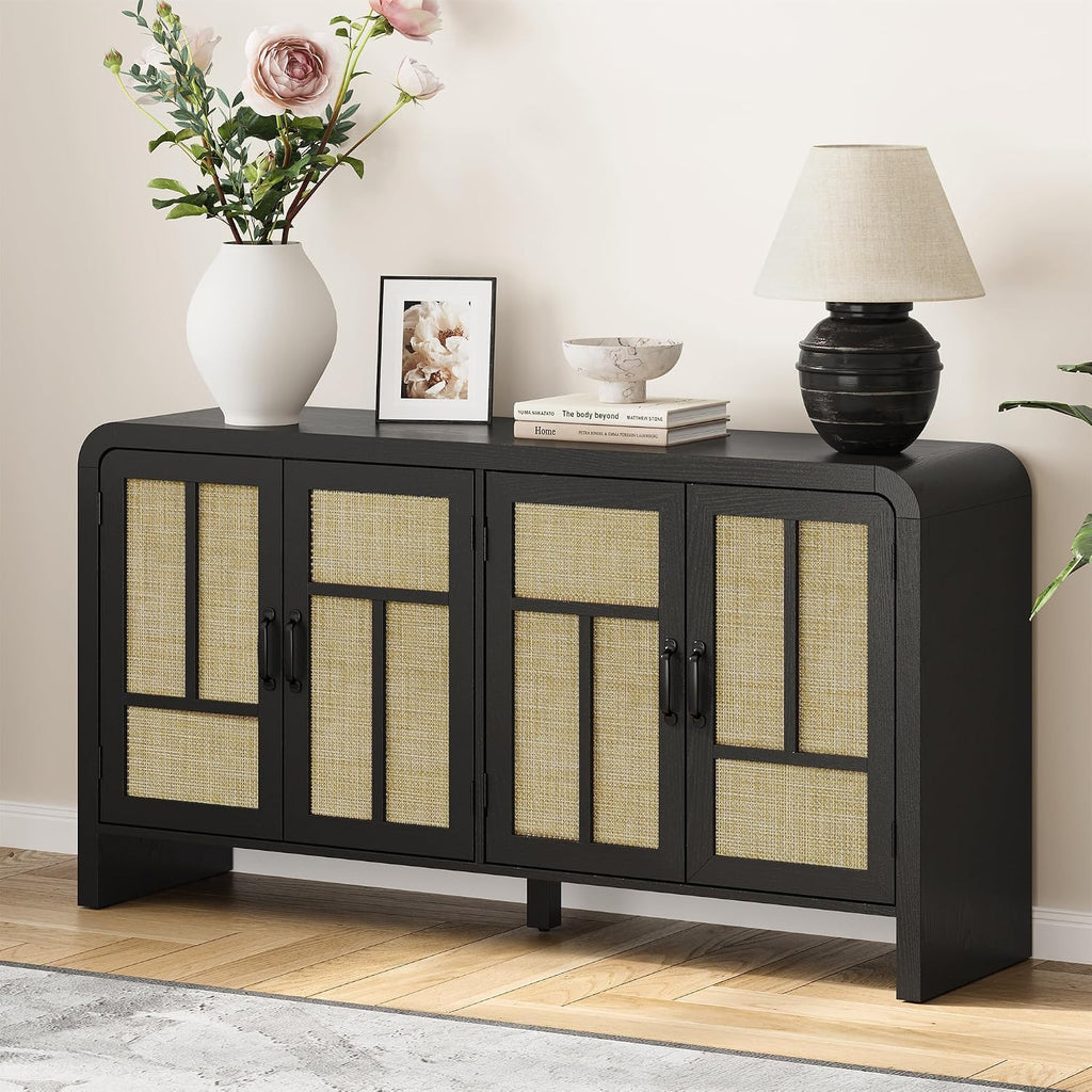 RoyalCraft Buffet Cabinet with Storage Sideboard Accent Farmhouse Credenza with 4 Doors & Shelves Rattan 59' Media Console Boho Coffee Bar Table for Living Room Kitchen Dining Room Hallway