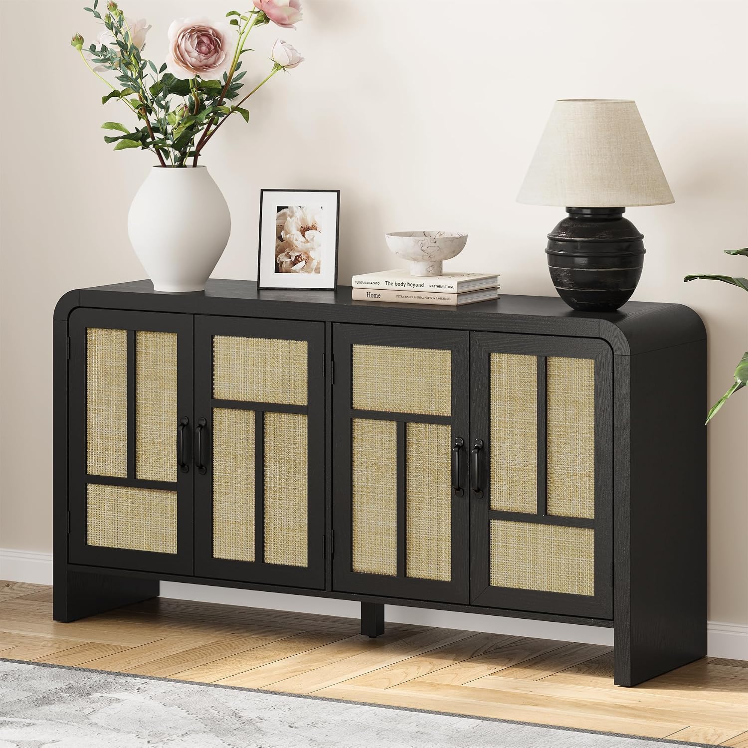RoyalCraft Buffet Cabinet with Storage Sideboard Accent Farmhouse Credenza with 4 Doors & Shelves Rattan 59' Media Console Boho Coffee Bar Table for Living Room Kitchen Dining Room Hallway