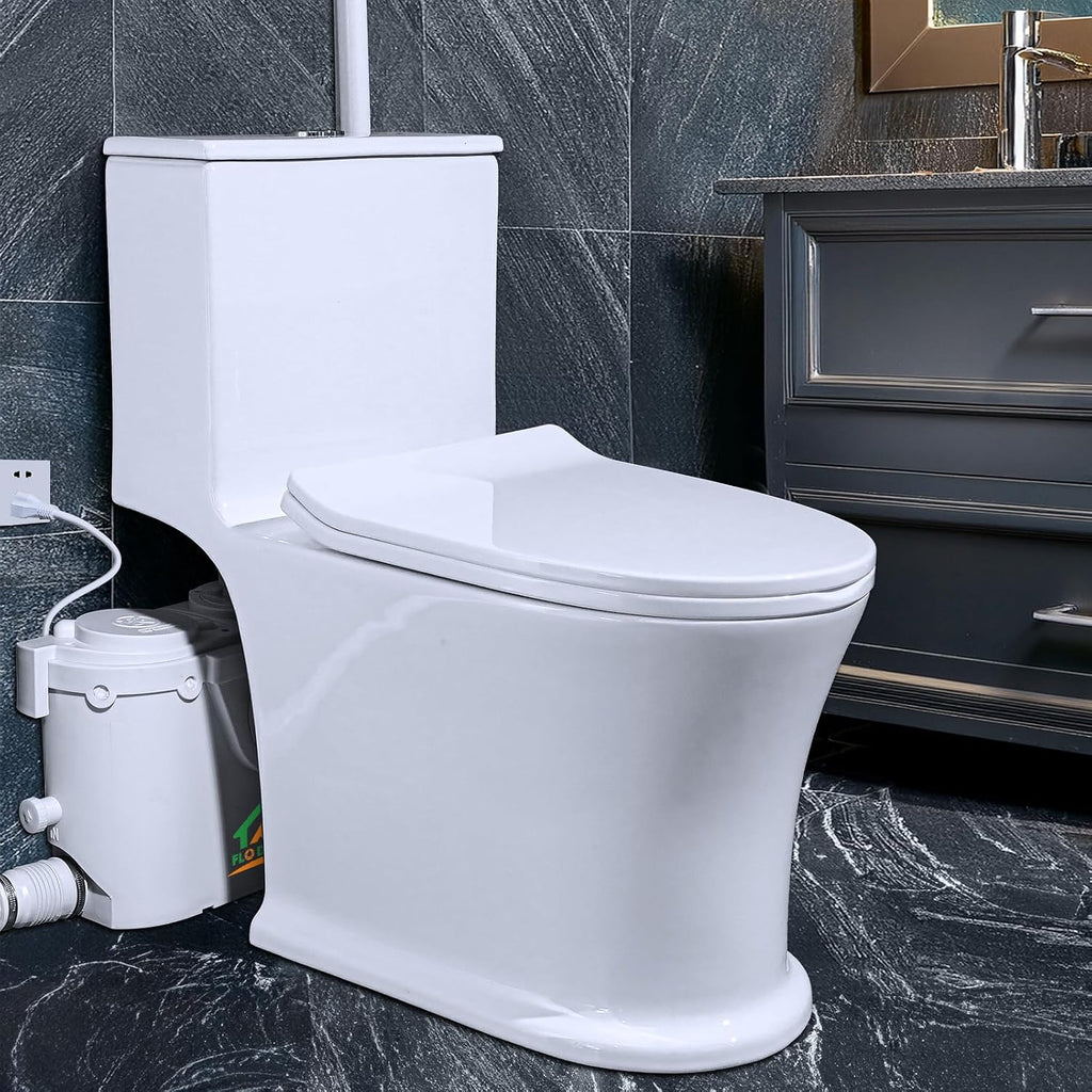 500W Macerating Toilet With Macerator Pump for Basement Upflush System, Included Water Tank, Skirted Toilet Bowl and Seat, Extension Pipe For Hide into the Wall