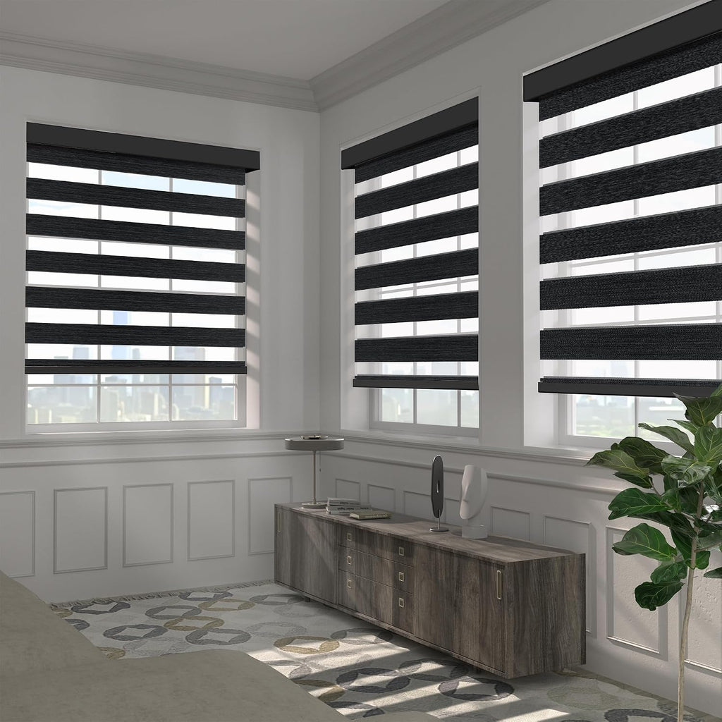 Cordless Zebra Blinds for Windows Custom Size 95% Blackout Roller Shades Texture Fabrics Privacy Protection,Light Control,for Home,Office and Door, Black, 64-65' W x 37-48' H