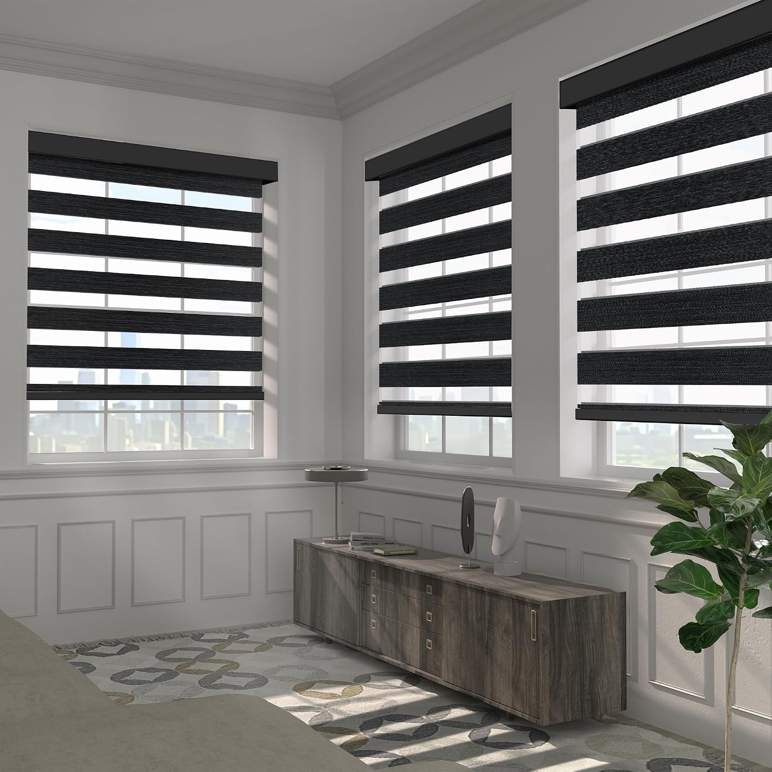 Cordless Zebra Blinds for Windows Custom Size 95% Blackout Roller Shades Texture Fabrics Privacy Protection,Light Control,for Home,Office and Door, Black, 64-65' W x 37-48' H