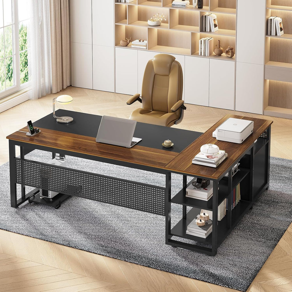 UPOSOJA 71 in Executive Desk with Power Outlets, Reversible L Shaped Computer Desk with File Drawers & Storage Shelves, Large Office Desk with Pegboard, Mobile CPU Stand, Modern Corner Desk (Walnut)