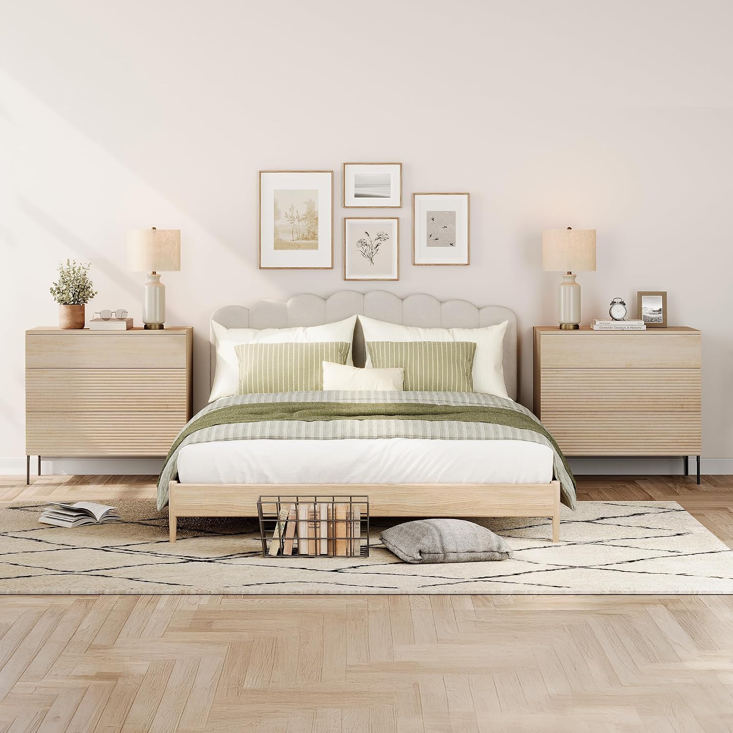 WAMPAT 30.2' Tall Fluted Nightstands Set of 2 with 3 Large Drawers, Mid Century Nightstand End Table with Hidden Handle, Wooden Bedside Table with Storage for Bedroom, Beige
