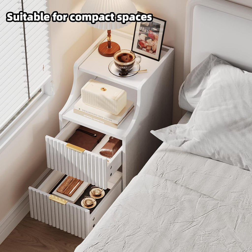 Narrow Nightstand Set of 2,11.8' Fluted Bedside Table Set of 2, Slim Side End Table with 2 Drawers, Wooden Bedside Table, White Wood Night Stand for Bedroom Livingroom Sofa Office