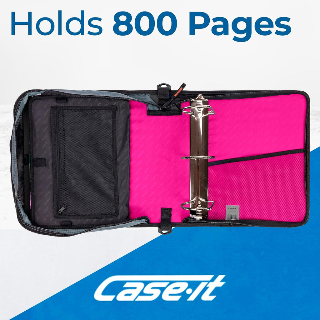 Case-it King Sized Zip Tab School Zipper Binder | 4-Inch D-Rings, 800 Sheet Capacity, 5-Subject Expanding File Folder, Multiple Pockets & Storage Organizer, Shoulder Strap | D-186 Magenta | 4 Pack