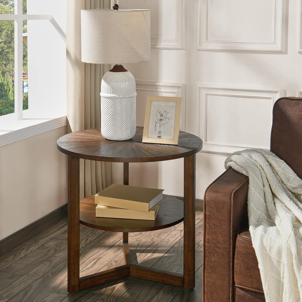 25.2' Large Round End Table with Storage Shelf, Farmhouse Beside Table with Wood Leg, Sofa Side Table, Telephone Table for Living Room, Easy Assembly Vintage Brown CJZ3338NC