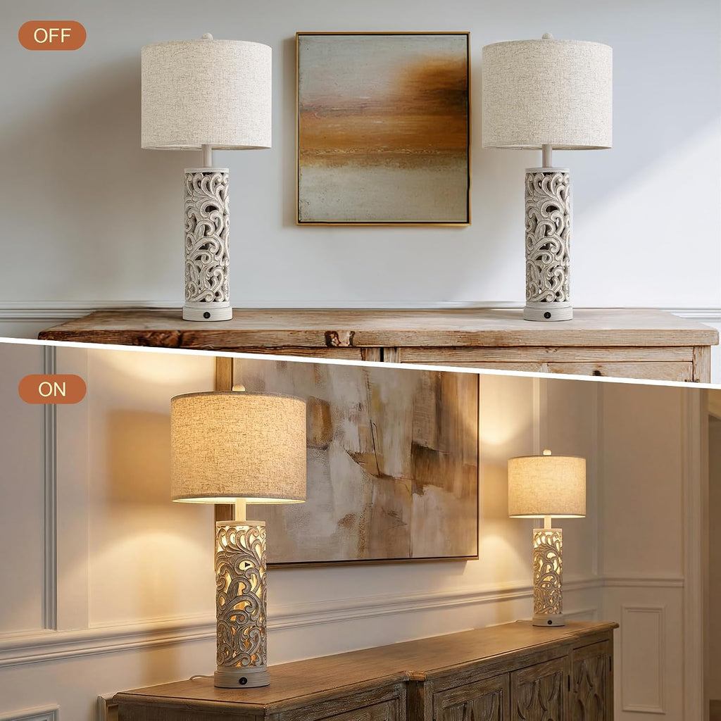 OYEARS 2-in-1 Light Table Lamp Set of 2 for Living Room, 28.5' Farmhouse Bedside Lamps with USB Charging Port, Main&Night Light & Dual Switches, Nightstand Lamp for Bedroom Home Office(Bulb Included)