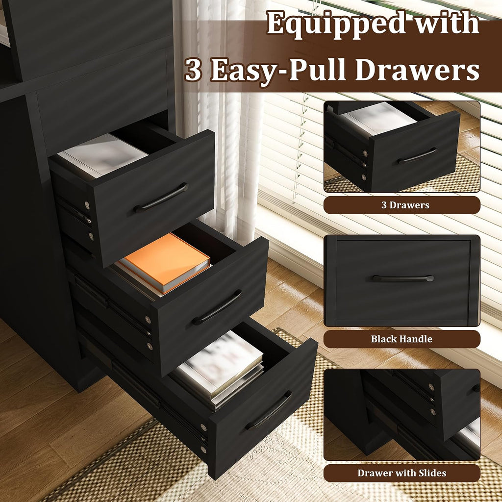 KEIKI L Shaped Computer Desk with 4-in-1 Charging Station, Office Desk with 3 Slide Drawers and 4-Tier Storage Shelves, Modern Wooden Corner Writing Desk for Home Office, Study, Bedroom, Black