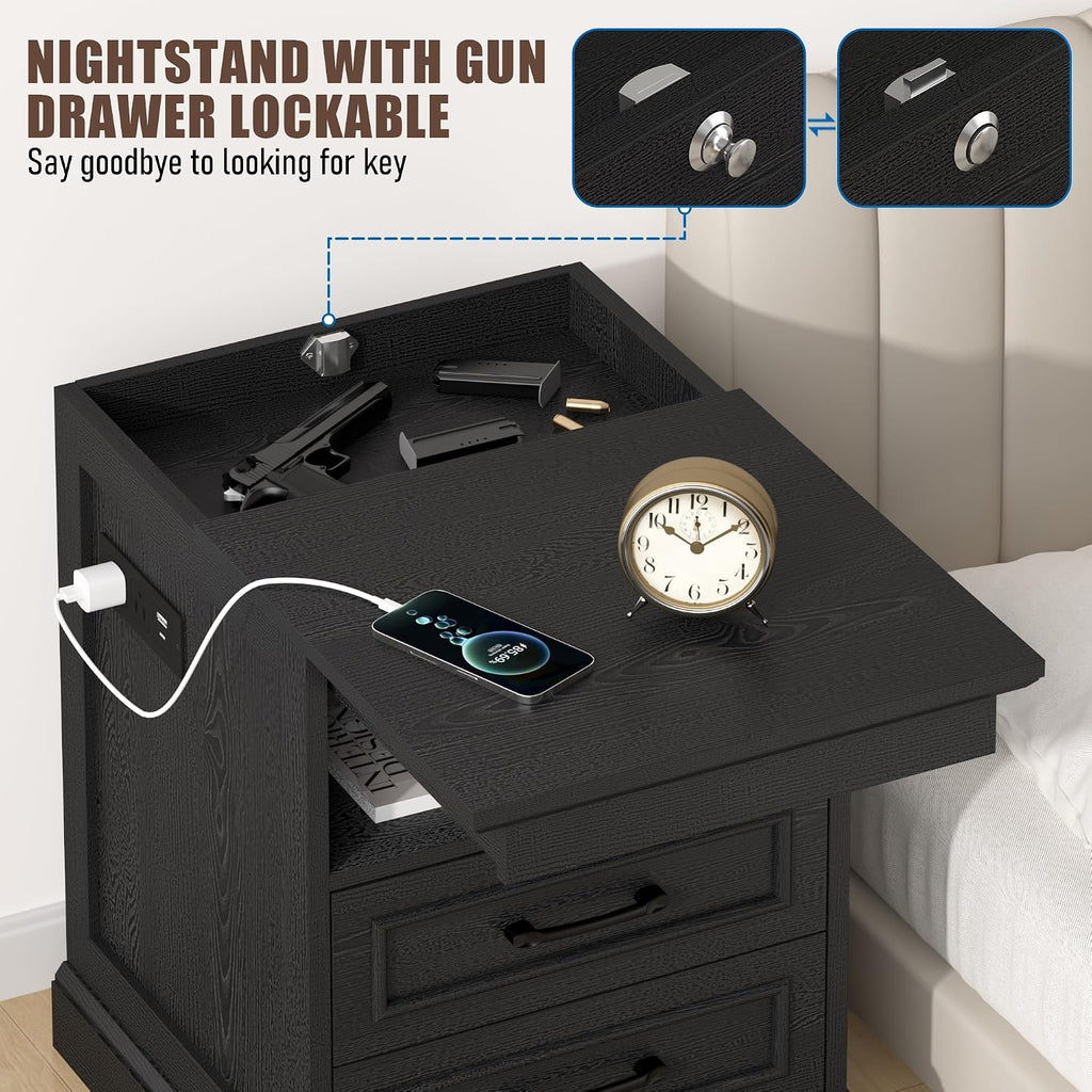 Gadroad 18' Farmhouse Accent Nightstand with Charging Station, End Table with 3 Drawers Storage, Side Table, Bedside Cabinet for LivingRoom Bedroom Office, Black