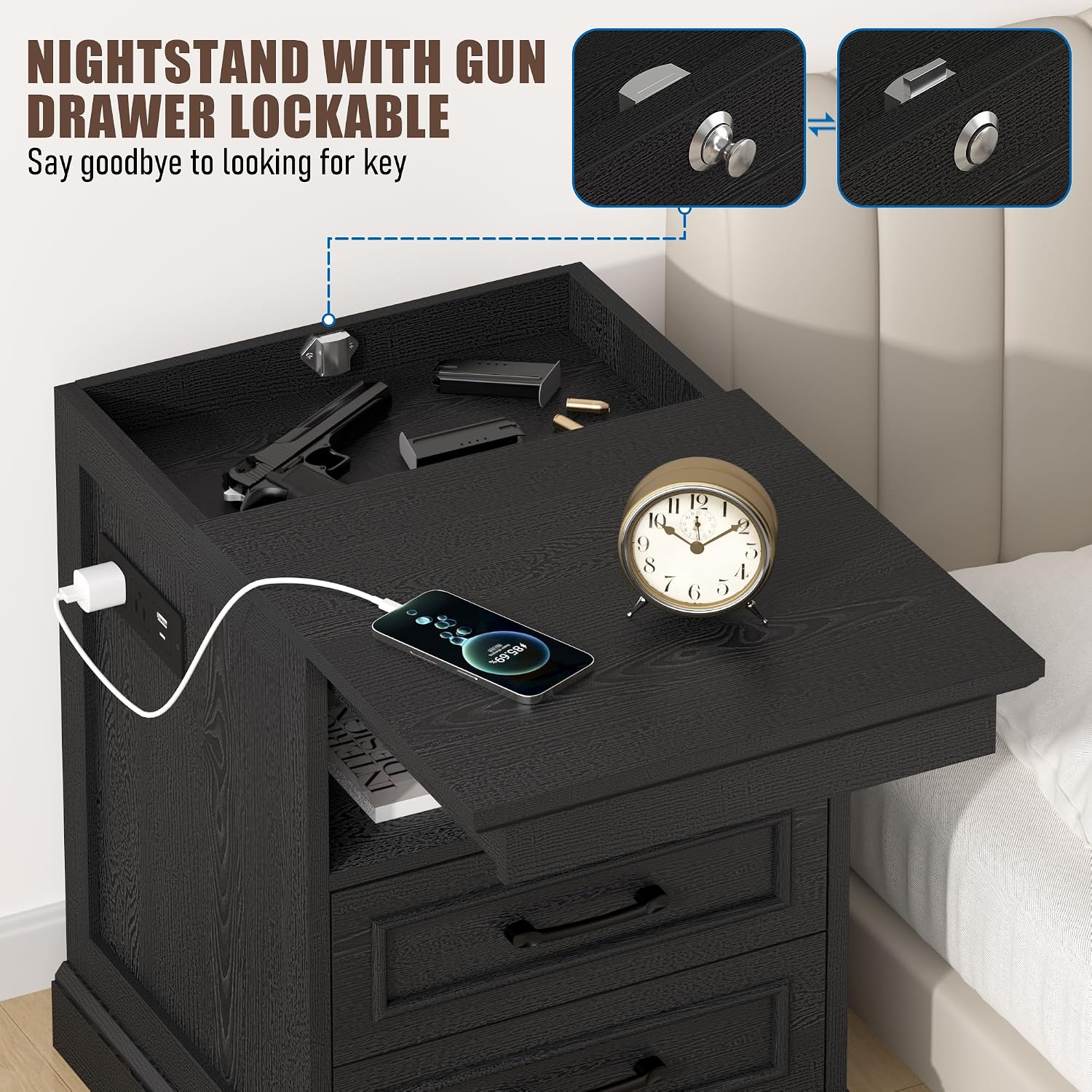 Gadroad 18' Farmhouse Accent Nightstand with Charging Station, End Table with 3 Drawers Storage, Side Table, Bedside Cabinet for LivingRoom Bedroom Office, Black