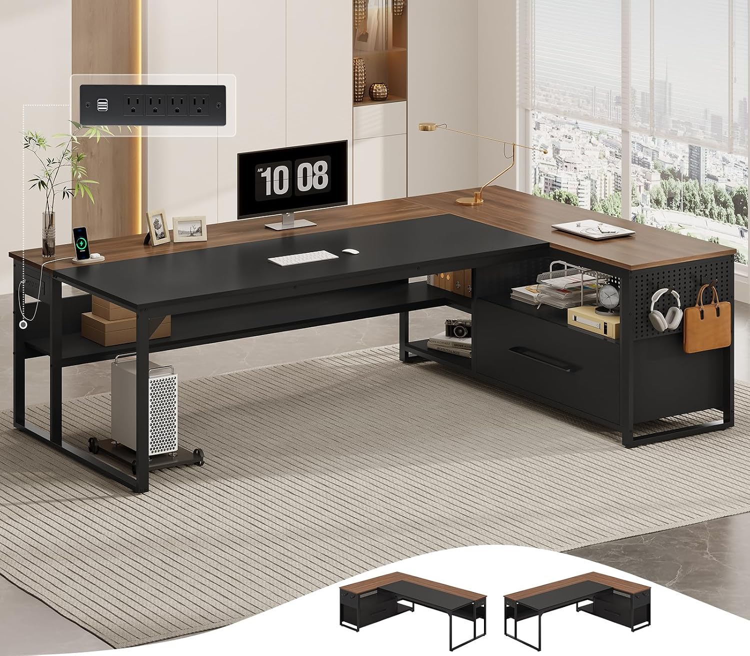 71' Executive Desk, Large Office Desk with Widen File Drawers & Power Outlets, Reversible L Shaped Computer Desk Corner Desk with Storage Shelves, CPU Stand, Hooks, Business Furniture (Walnut)