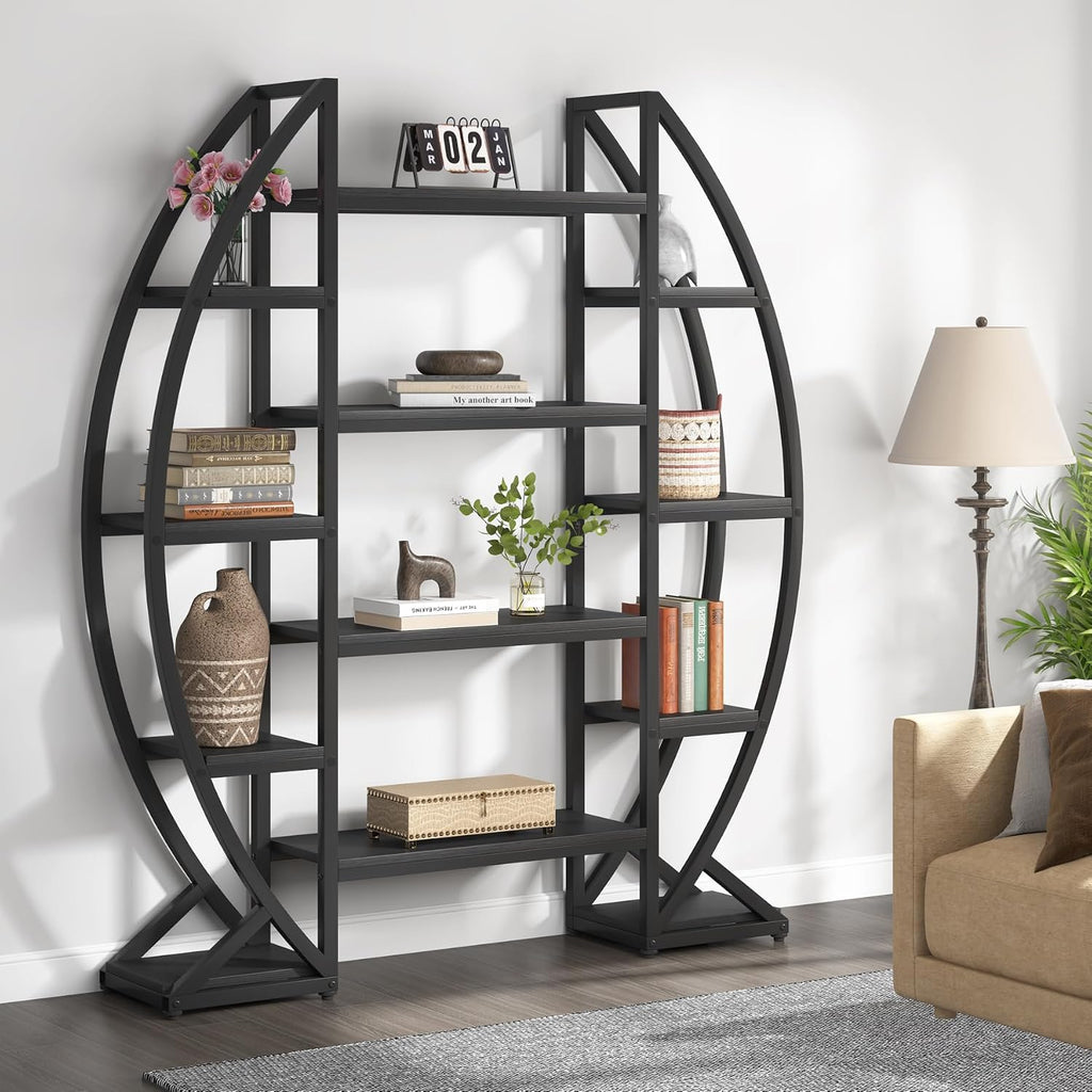 Tribesigns Oval Bookshelf, Triple Wide 5 Tiers Etagere Bookcases, Industrial Display Shelves for Living Room (55', Black)