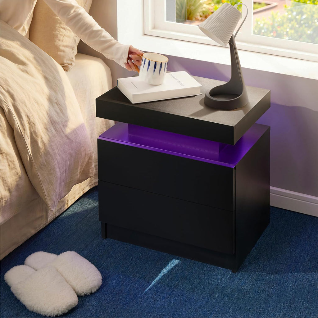 i-aplus Black Nightstand Set of 2 LED Bedroom Nightstands Set of 2 Modern Night Stands Set 2 Bedside Table with 2 Drawers for Bedroom