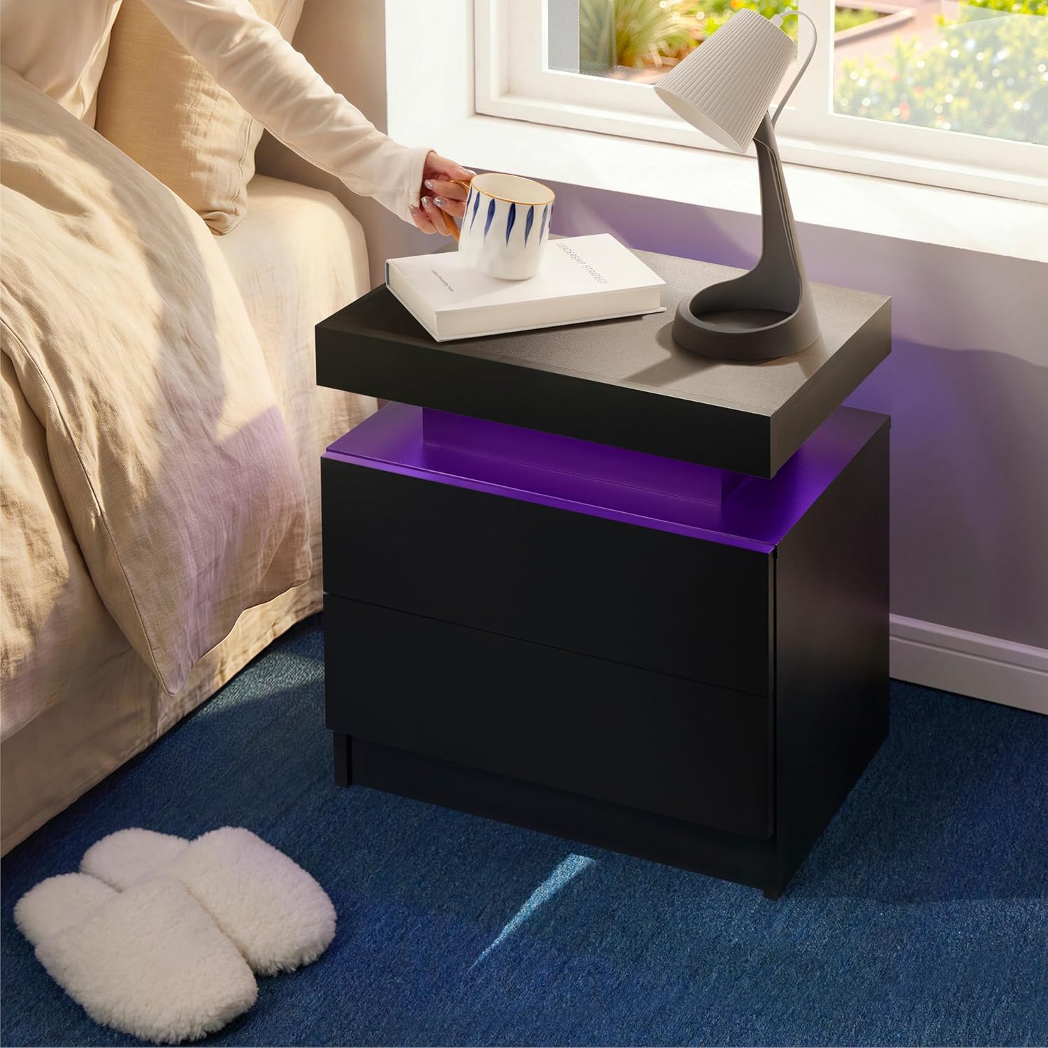 i-aplus Black Nightstand Set of 2 LED Bedroom Nightstands Set of 2 Modern Night Stands Set 2 Bedside Table with 2 Drawers for Bedroom