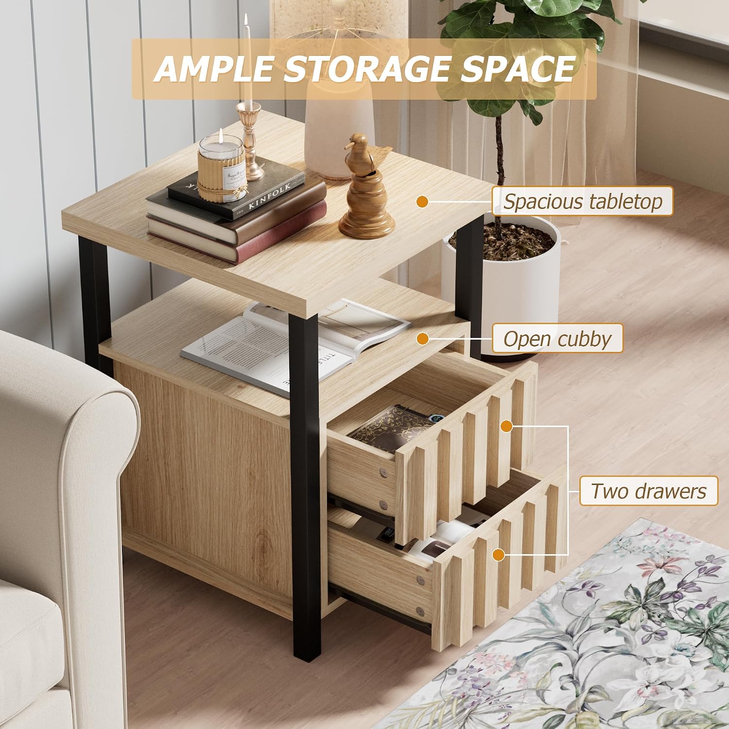 UEV Mid Century Modern 3-Piece Living Room Set,TV Stand Cabinet and 2 End Tables Set,Nightstand Set of 2, Wood Fluted TV Stand Sofa Side Table with 2 Drawers and Open Shelf for Living Room,Ivory White