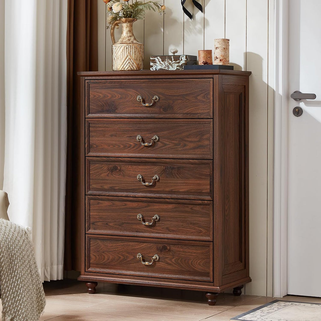 Joaxswe Farmhouse 5 Drawer Dresser Set of 2 for Bedroom, 45' Tall Rustic Chests of Drawers w/ 4 Solid Wood Feet, Mid Century Vintage Wooden Closet Storage Dressers Organizer for Living Room, Brown