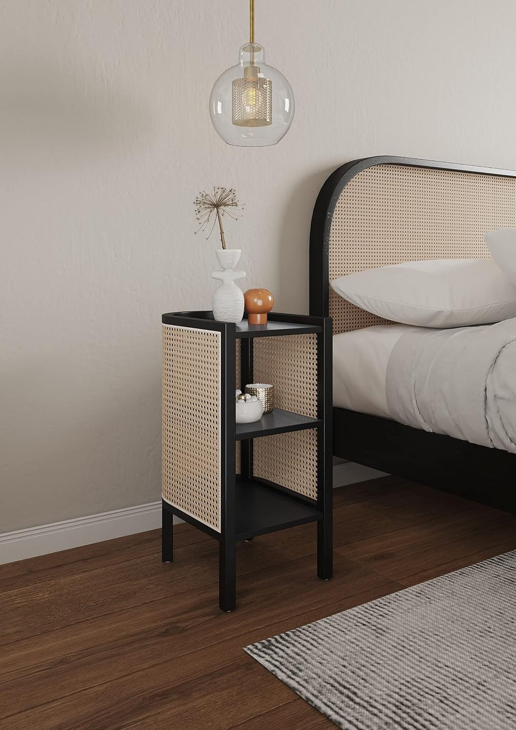 Manhattan Comfort Versailles Rattan Bedside End Table Accent Sofa Side Table for Living Room, Bedroom, Study and Home Office with 2 Shelf Storage, Black/Natural Cane