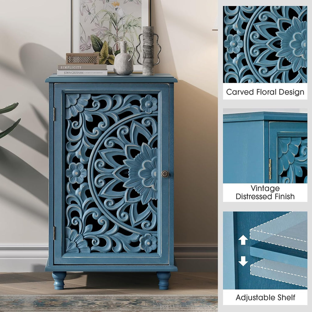 JOINICE Small Accent Cabinet with Carved Mandala Door, Blue Storage Cabinet with Solid Wood Legs & Adjustable Shelf, Boho Distressed End Table for Living Room, Bedroom, Entryway Side Table