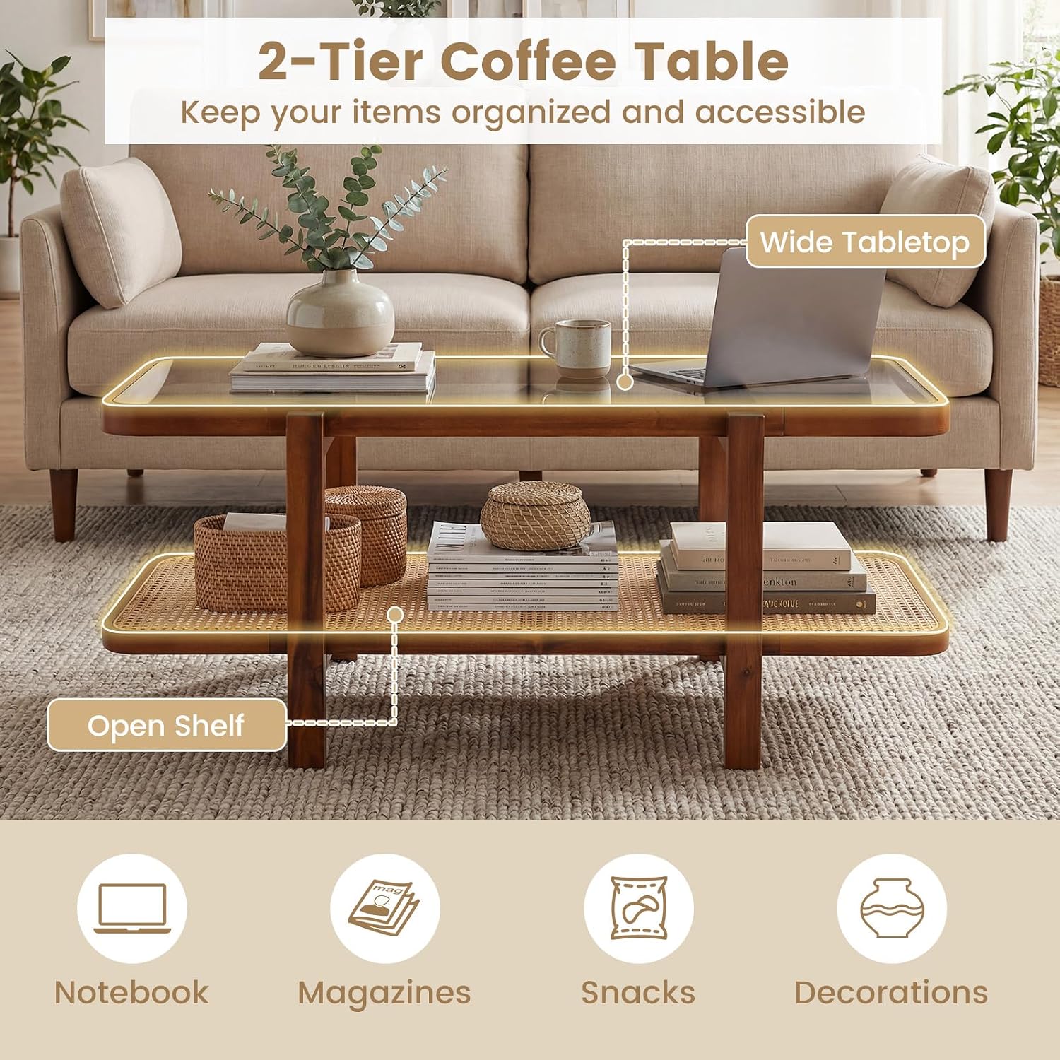 GOFLAME Rattan Coffee Table, 47.5' Solid Wood Center Table with Tempered Glass Top & Rattan Storage Shelf, Rectangular, Farmhouse, Boho, 2-Tier Mid Century Modern Tea Table for Living Room (Walnut)