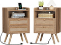 SUPERJARE 2 Drawer Night Stand with Charger Station, Boho Rattan Nightstand Set of 2, 25.2 Inch Tall Bed Side Table with Solid Wood Feet, End Table, Open Storage, Synthetic Rattan, Walnut