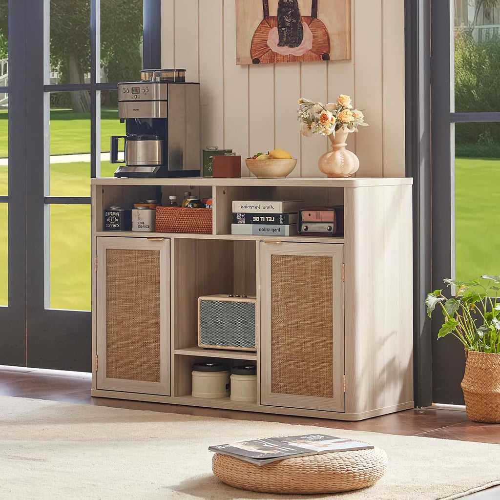 Lerliuo Rattan Wine Cabinet with 2 Doors, Boho Liquor Cabinet with Wine Racks, Farmhouse Coffee Bar Station for Living Room, Dining Room, Kitchen, Grey White