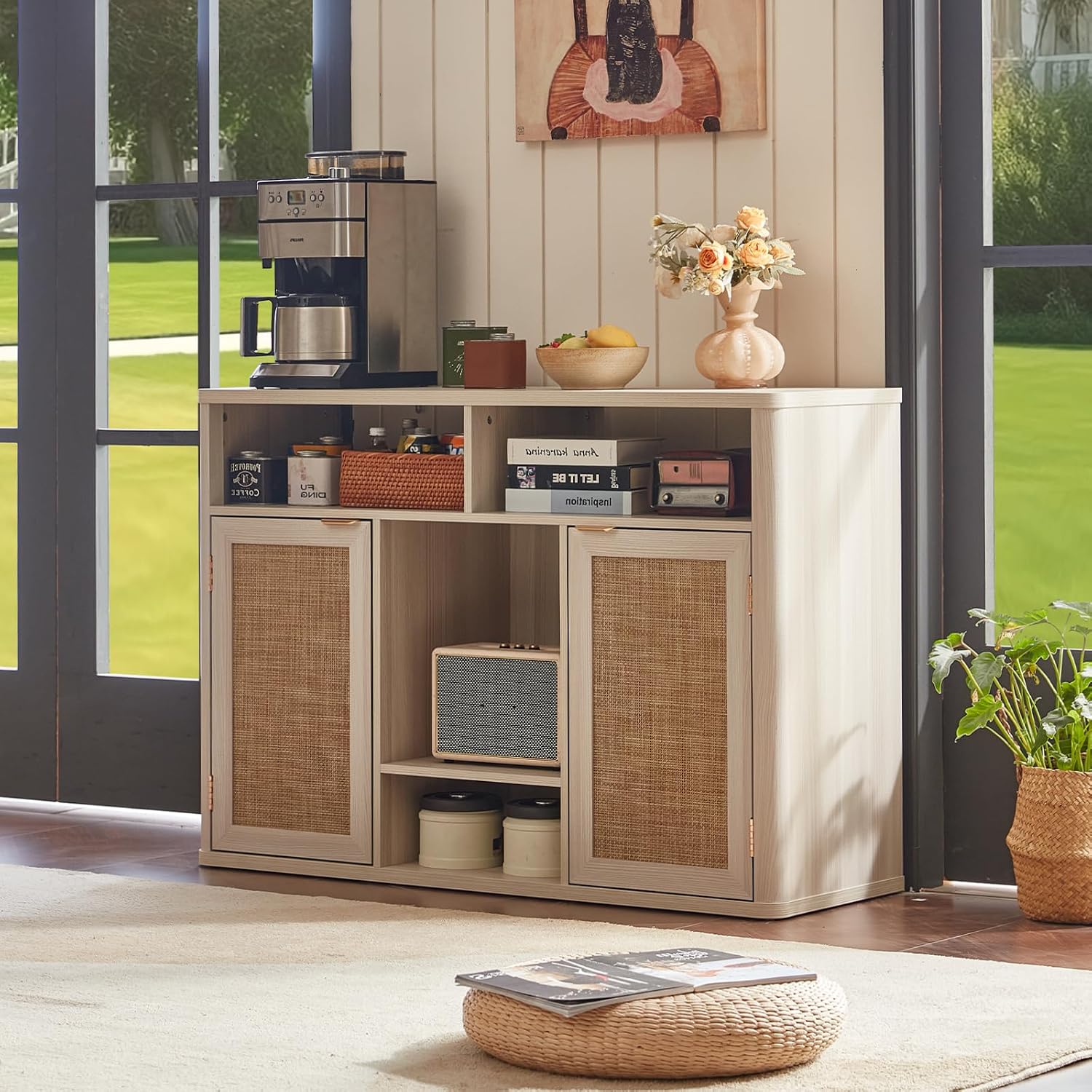 Lerliuo Rattan Wine Cabinet with 2 Doors, Boho Liquor Cabinet with Wine Racks, Farmhouse Coffee Bar Station for Living Room, Dining Room, Kitchen, Grey White