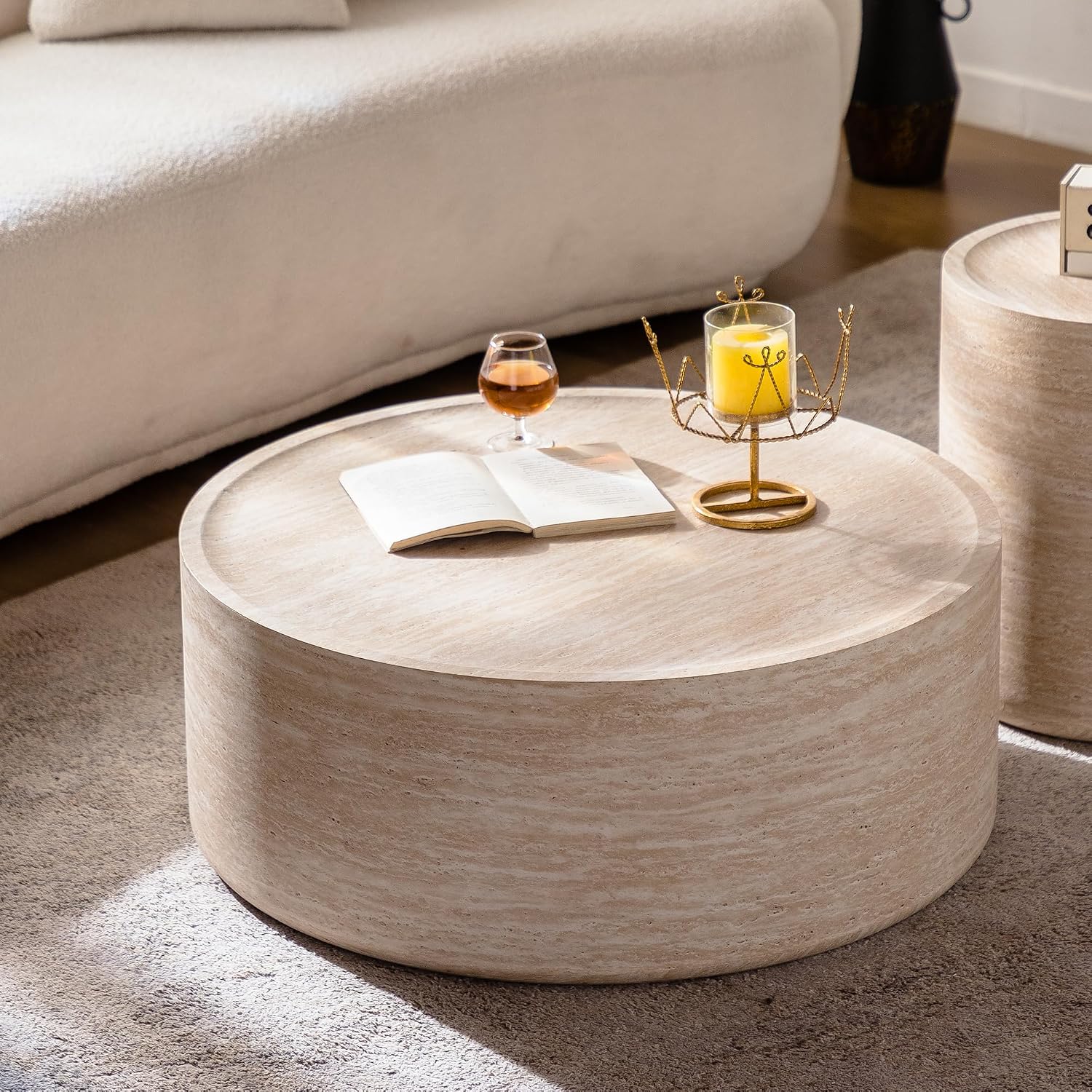 Modern Drum-Shape Coffee Table for Living Room 31.5' Round Cocktail Center Table Faux Travertine Finish Circle Coffee Tables for Home Office, Fully Assembled