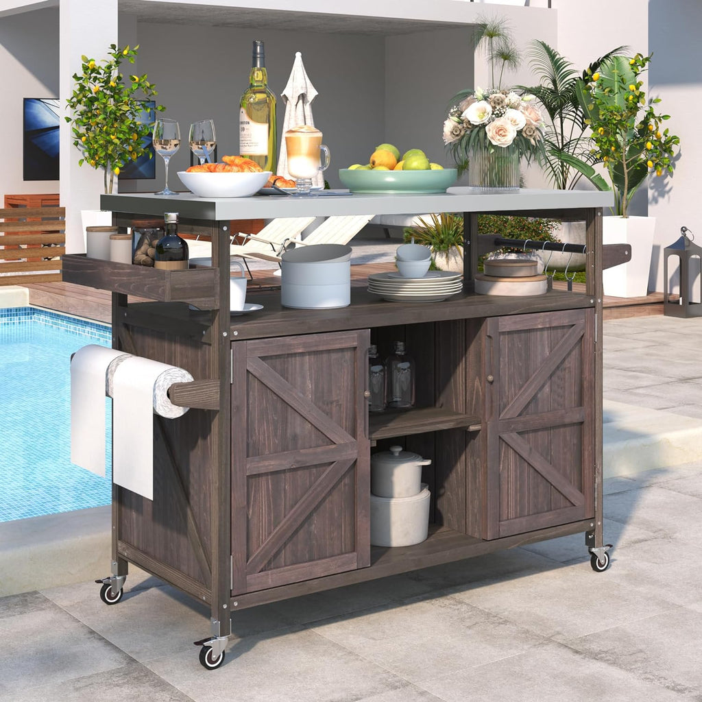 Outdoor Kitchen Rolling Bar Cart with Storage Cabinet, Farmhouse Solid Wood Outdoor Grill Table with Stainless Steel Top, Spice Rack and Towel Rack, Perfect for Barbecue Poolside Patio (Dark Brown)