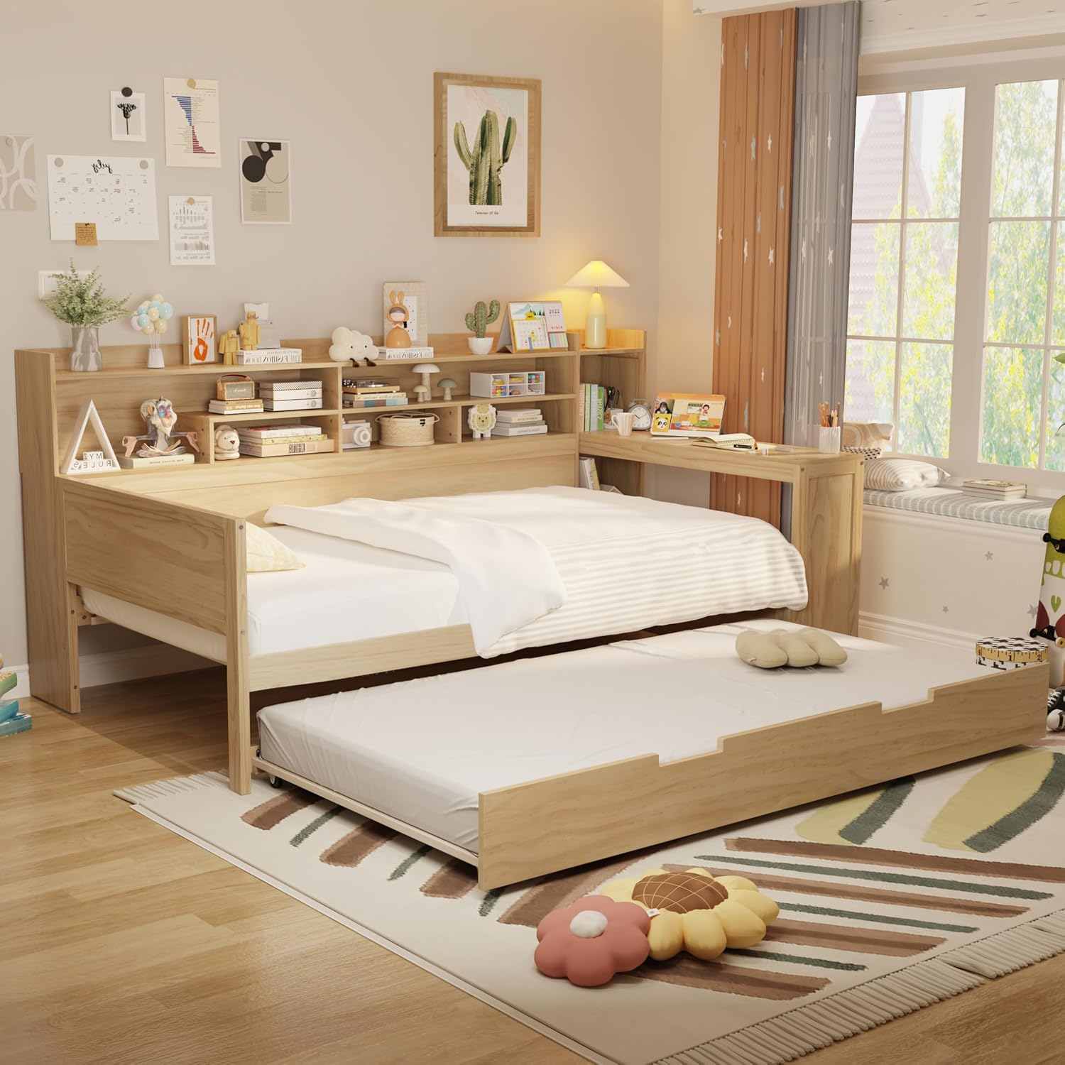 Harper & Bright Designs Twin Size Wooden Daybed with Storage Shelves, Multi-Functional Corner Bed Frame with Twin Size Trundle Bed and Study Desk for Kids Teen, Natural
