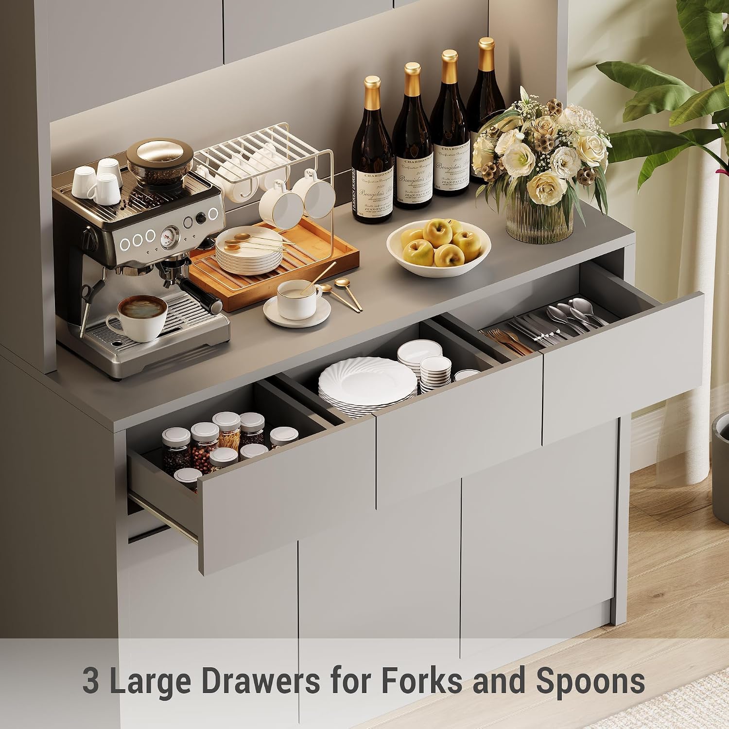 71' Kitchen Pantry Cabinet,Tall Storage Cabinet with Doors & Shelves Adjustable, Kitchen Storage Hutch with Microwave Shelf,Coffee Bar,Led Lights&Charging Station,Corner Pantry Cabinet for Living Room