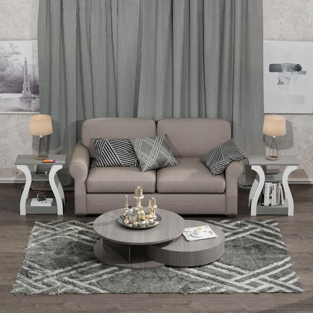 FROMJBEST End Tables Living Room Set of 2,Grey End Table with Charging Station,Grey Side Table, Nightstand for Bedroom, 3 Tier End Table with Storage Shelf for Living Room