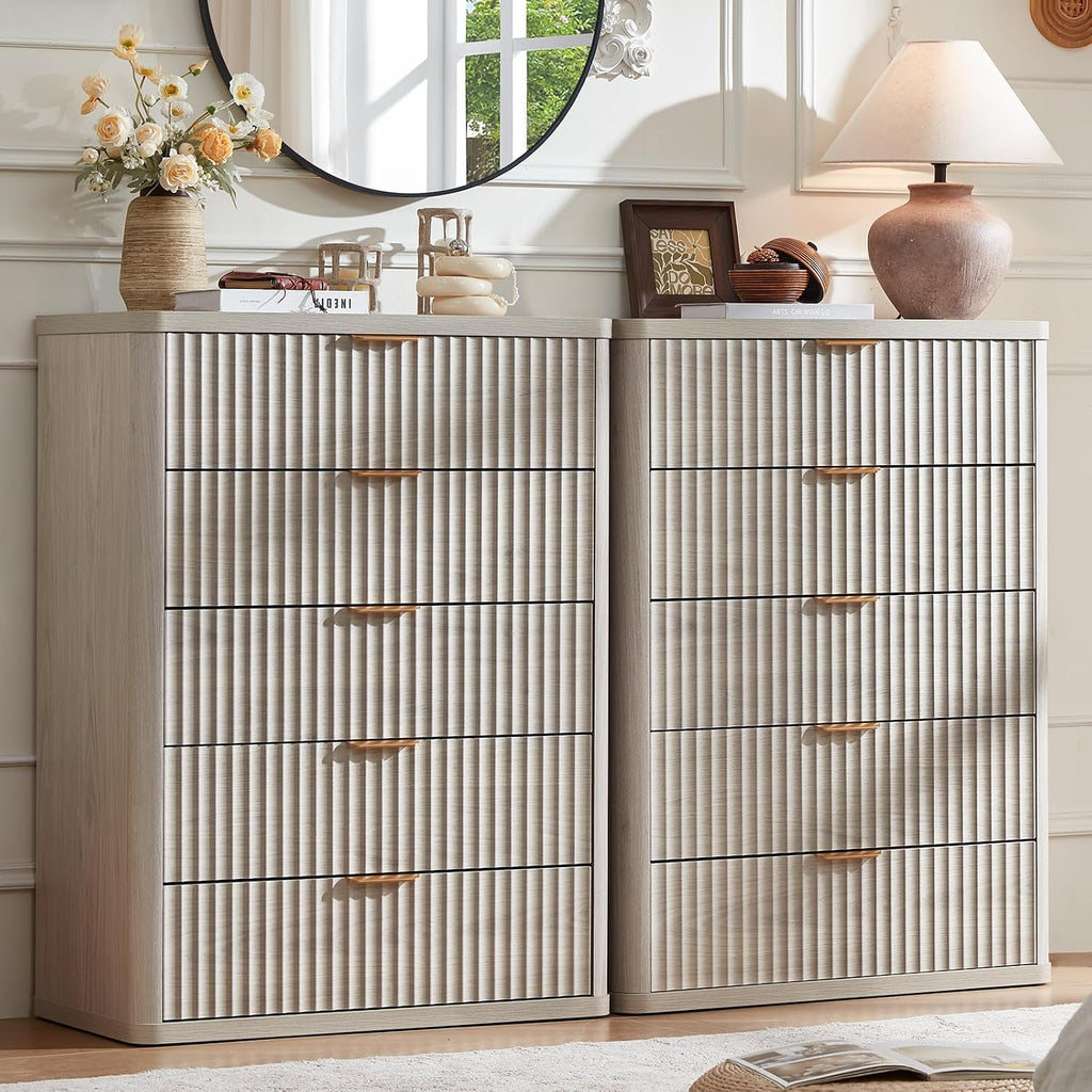 LEYAOYAO Fluted 5 Drawers Dresser Set of 2, 41' Tall Modern Chest of Drawers with Metal Handle, Curved Profile Dresser TV Stand, Wooden Drawer Organizer for Bedroom, Living Room, Hallway, Lightgrey