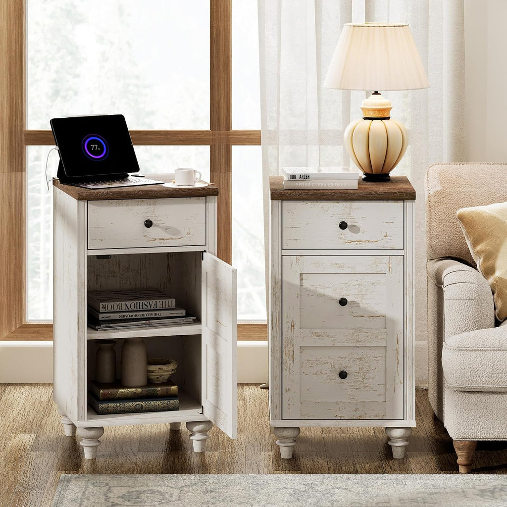 WAMPAT Set of 2 End Table with Charging Station & Power Outlets & USB Ports, Farmhouse Side End Table with Drawer and Storage Cabinet for Bedroom, Rustic White