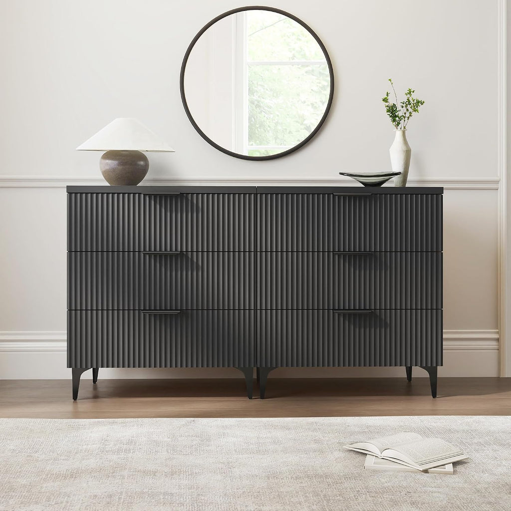 25.6' W Black Fluted Nightstand with 3 Drawer, Modern Wood Night Stands Bedside Table for Bedroom King/Queen Bed, End Table with Robot-Friendly Legs for Living Room,Entry
