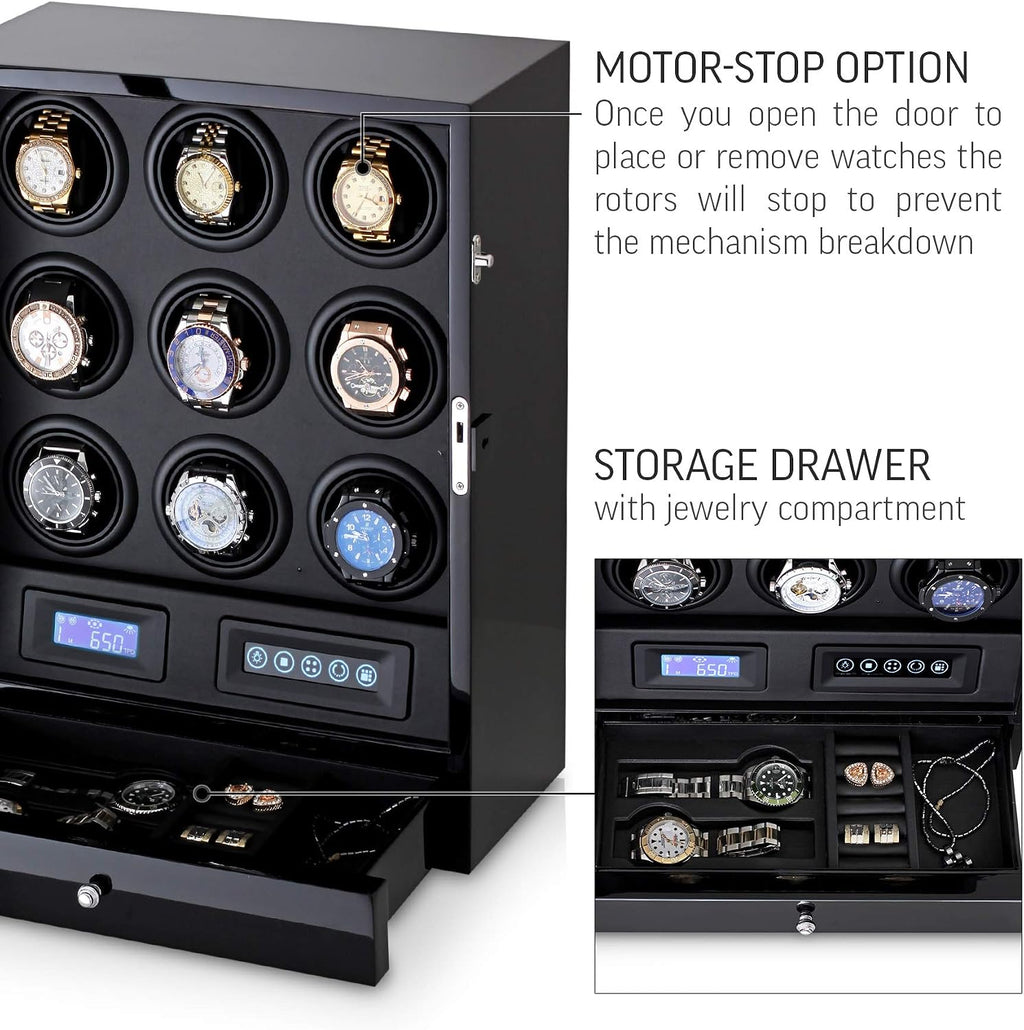 9 Watch Winder with LED Interior Light, LCD Display and 2 Watch Storage Space