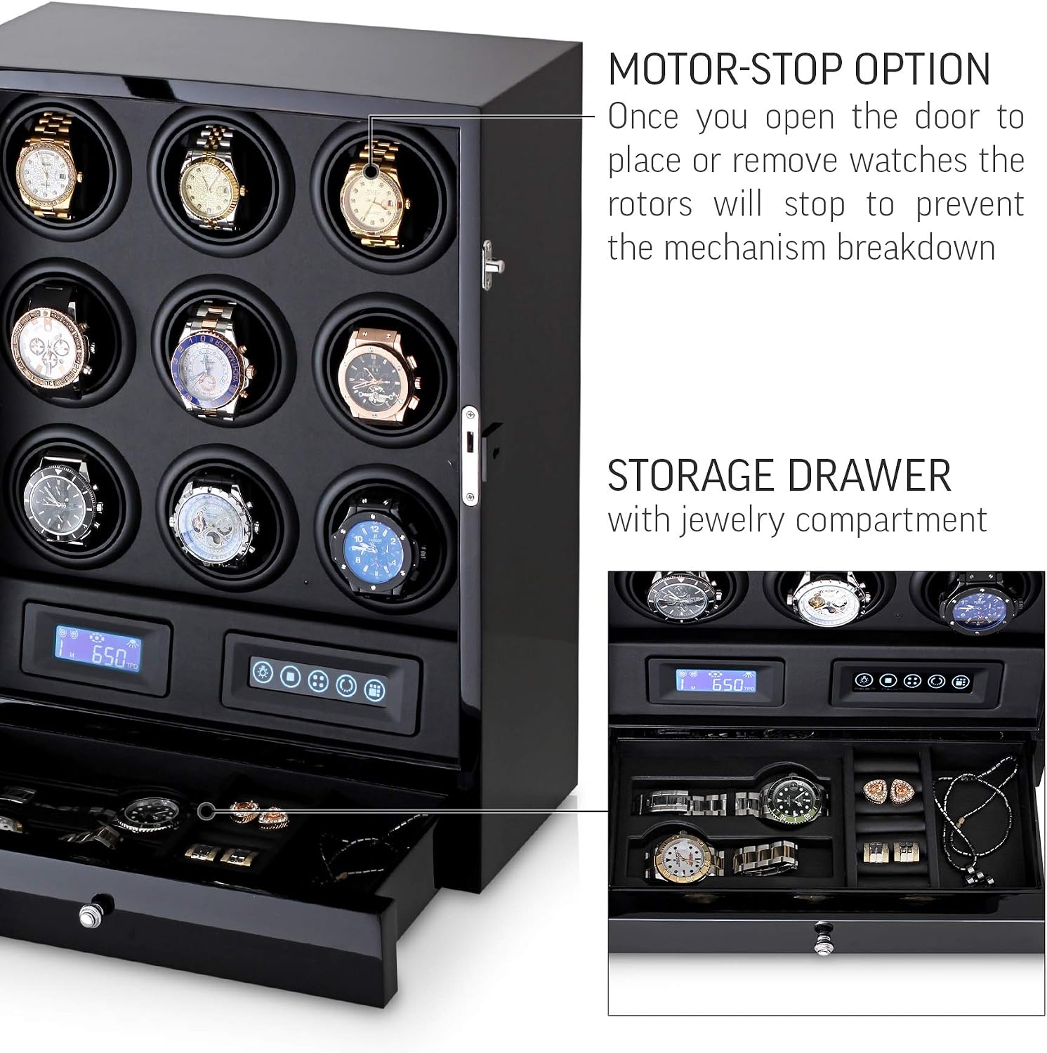 9 Watch Winder with LED Interior Light, LCD Display and 2 Watch Storage Space