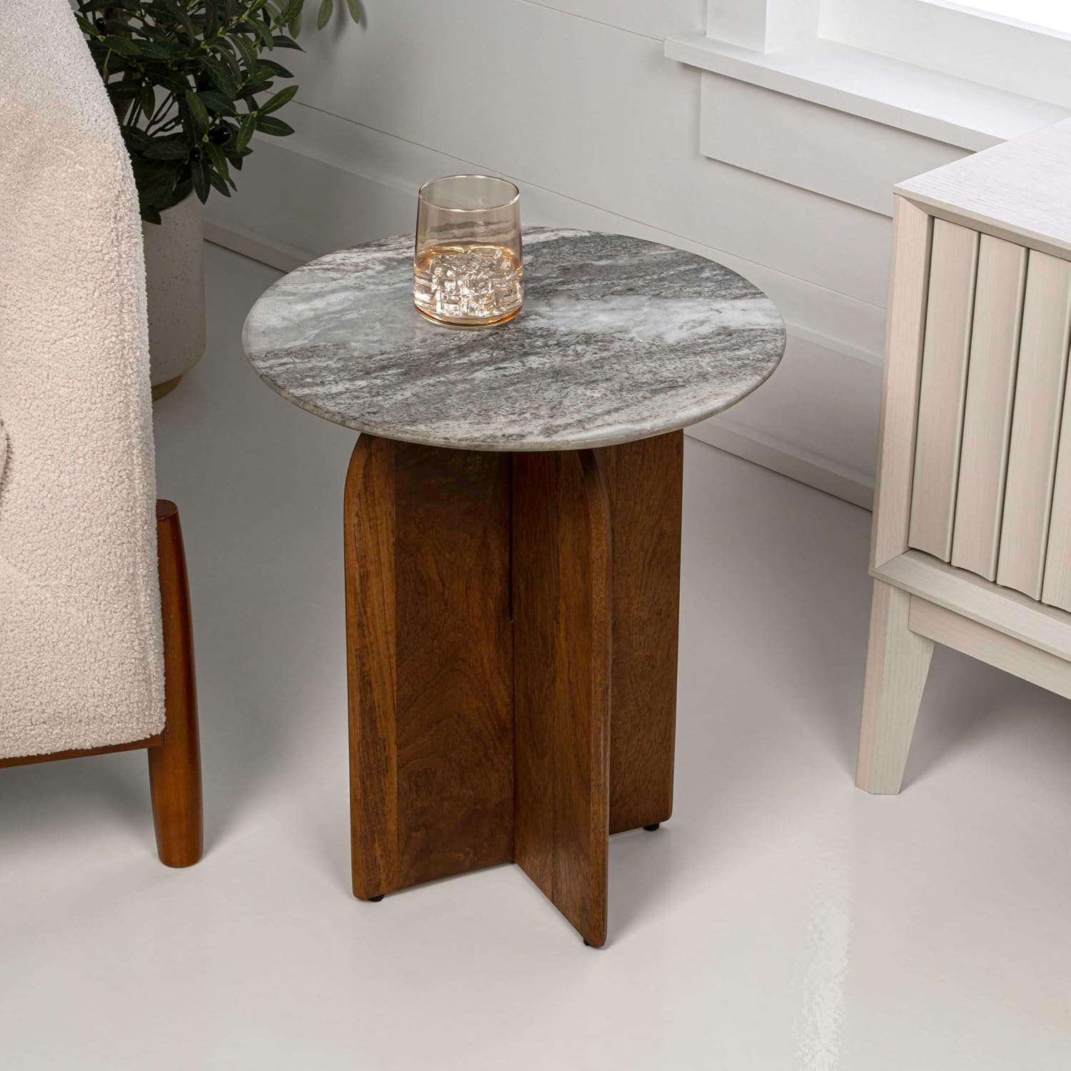 JONATHAN Y END5002B Naomi 18' Rustic Minimalist Marble/Wood X-Base Accent Table, Side Table, End Table for Living Room, Bedroom, White Marble/Honey Wood