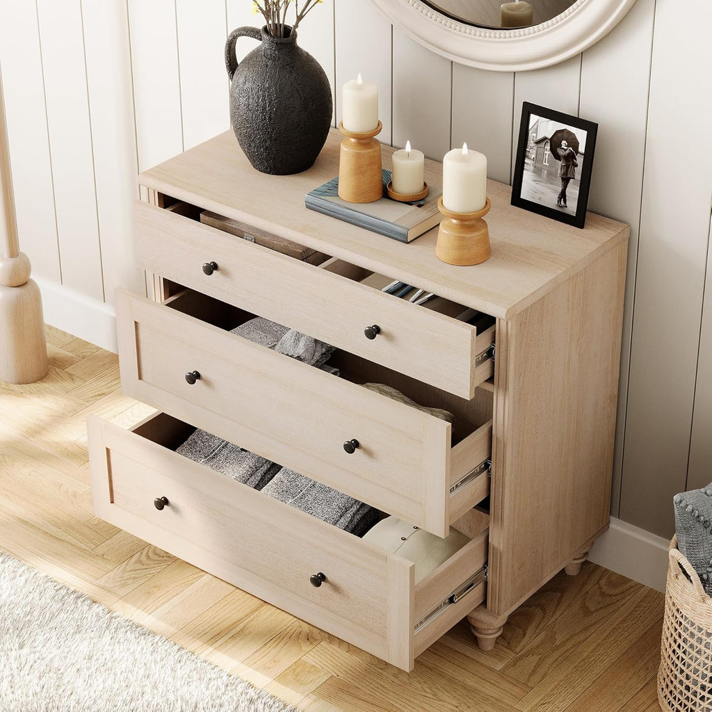 WAMPAT Farmhouse Nightstand with 3 Drawers, Set of 2 Large 3 Drawers Wood Bedside Table Night Stand, Wide Sofa Side End Table Chest of Dresser for Living Room, Bedroom, Beige, 34 inch